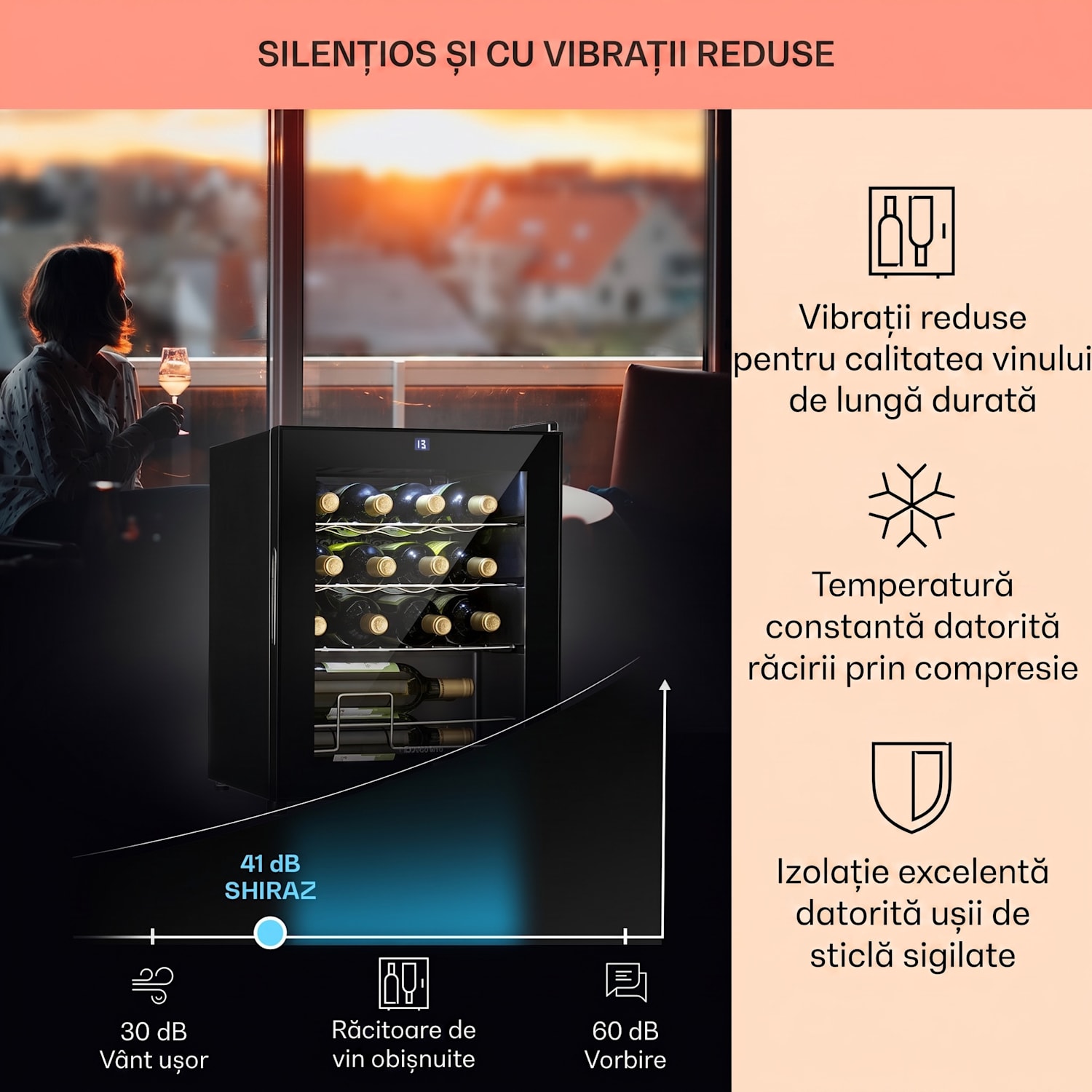 Shiraz, răcitor de vinuri, 42 l, panou de control tactil, 131 W, 5 - 18 °C, negru 16 sticle | 1 | Negru