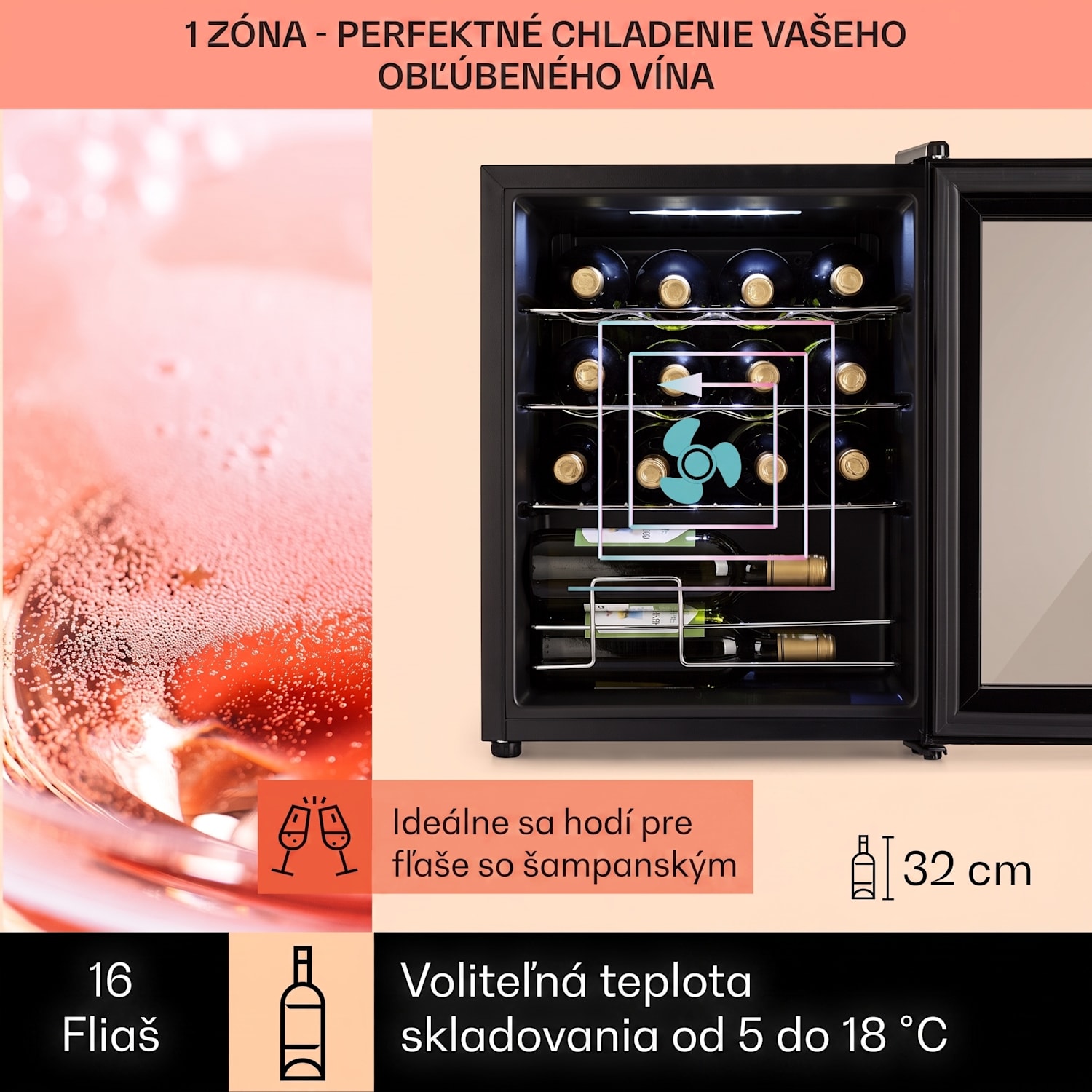 Shiraz, vinotéka, 42 l, 131 W, 5-18°C, dotykový ovládací panel, čierna 16 fliaš | 1 chladiaca zóna | Čierna