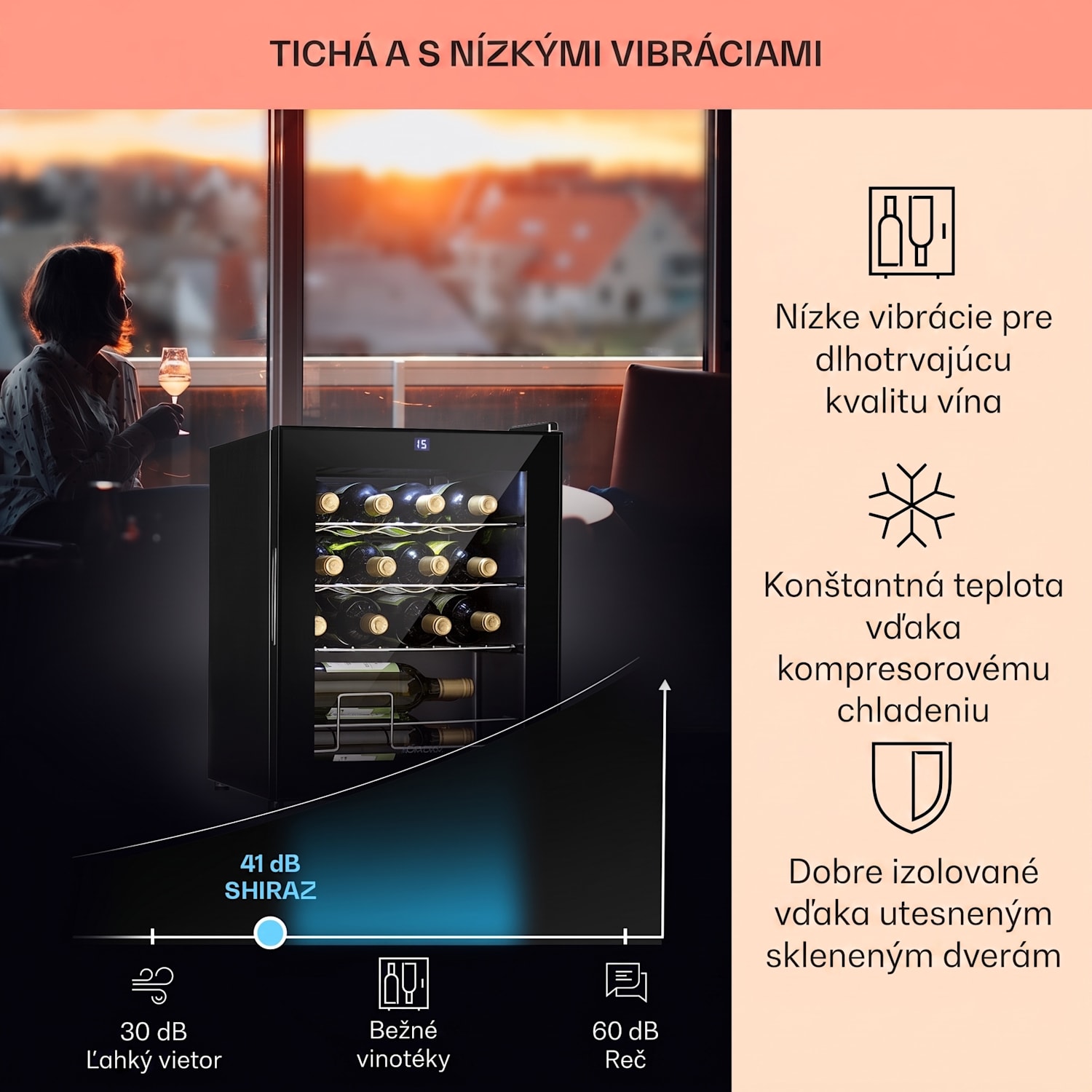 Shiraz, vinotéka, 42 l, 131 W, 5-18°C, dotykový ovládací panel, čierna 16 fliaš | 1 chladiaca zóna | Čierna