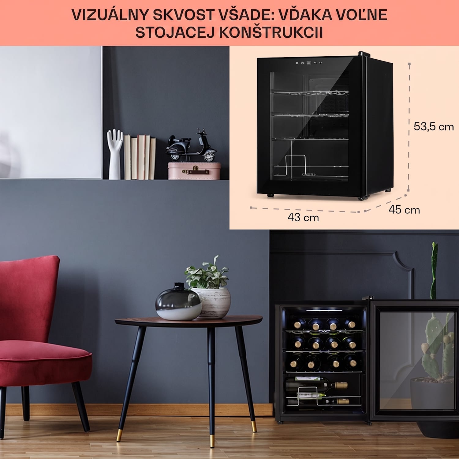 Shiraz, vinotéka, 42 l, 131 W, 5-18°C, dotykový ovládací panel, čierna 16 fliaš | 1 chladiaca zóna | Čierna