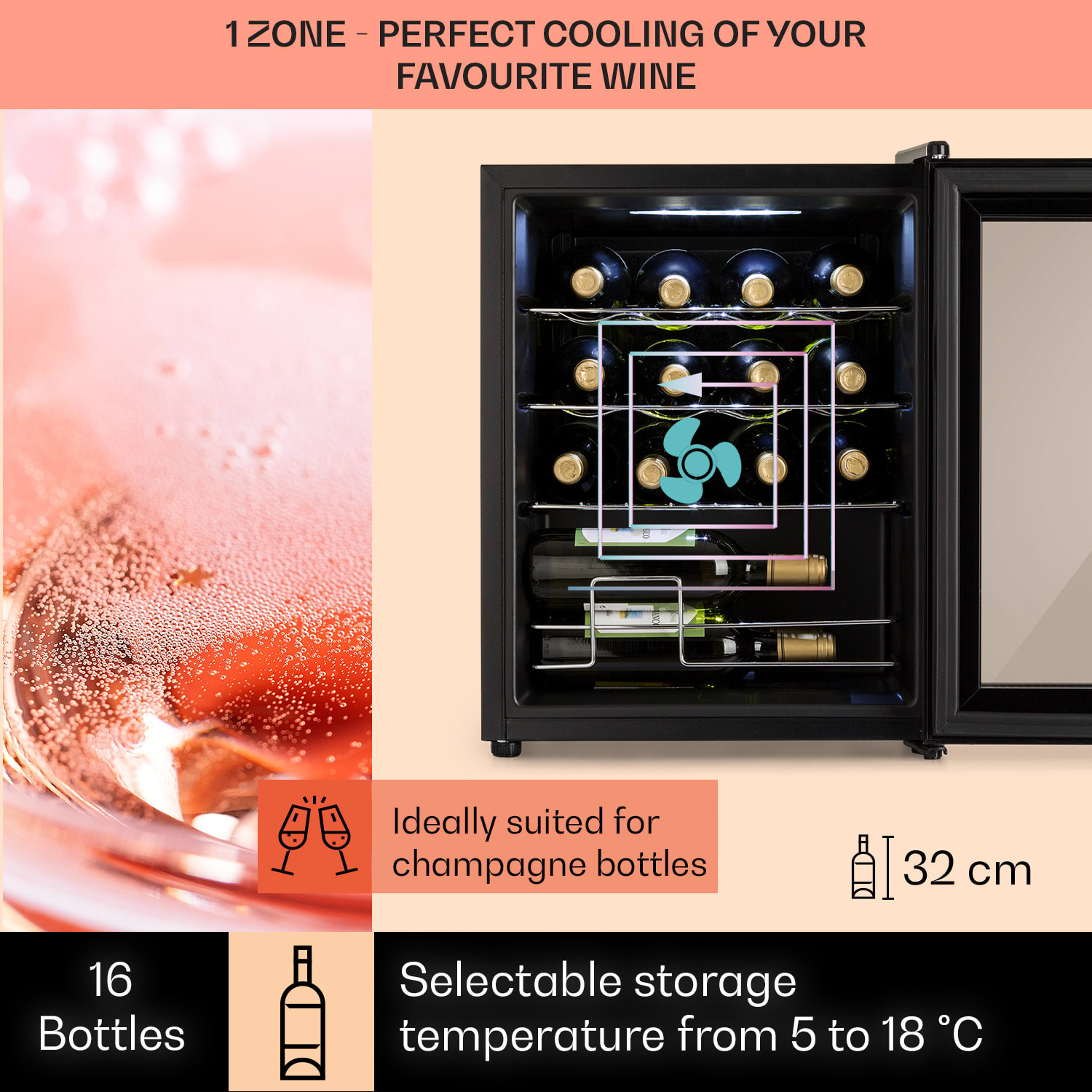 Shiraz, vinska omara, 42 l, nadzorna plošča na dotik, 131 W, 5 - 18 °C, črna 16 steklenic | 1 | Črna