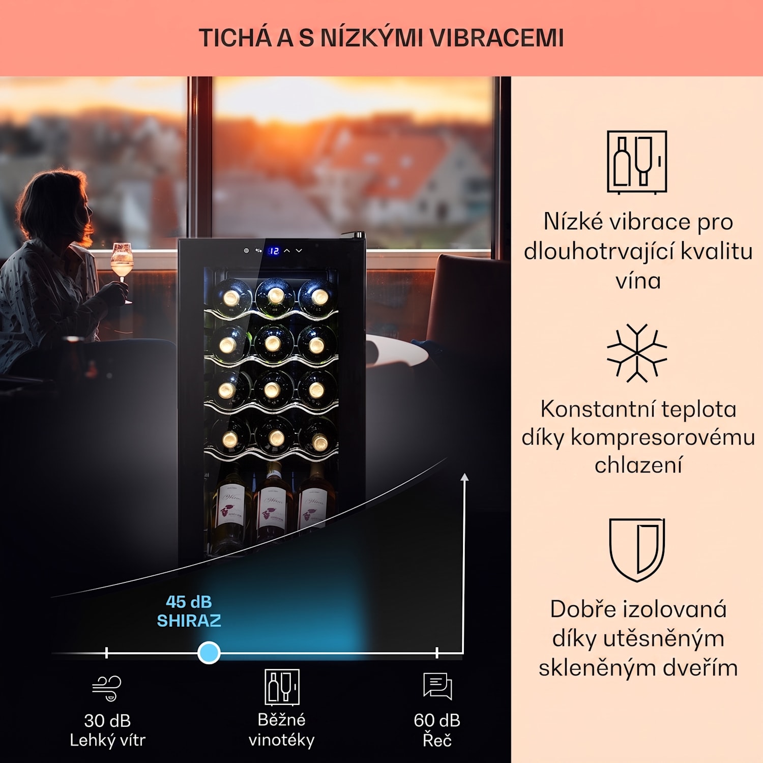 Shiraz 15 Slim Uno, vinotéka, 44 l, dotykové ovládání, 135 W, 5-18 °C, černá 15 lahví | 1 chladící zóna | Černá