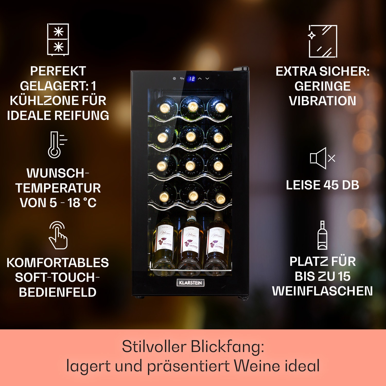 Shiraz 15 Slim Uno Weinkühlschrank 44l Touch-Bedienfeld 5-18°C 