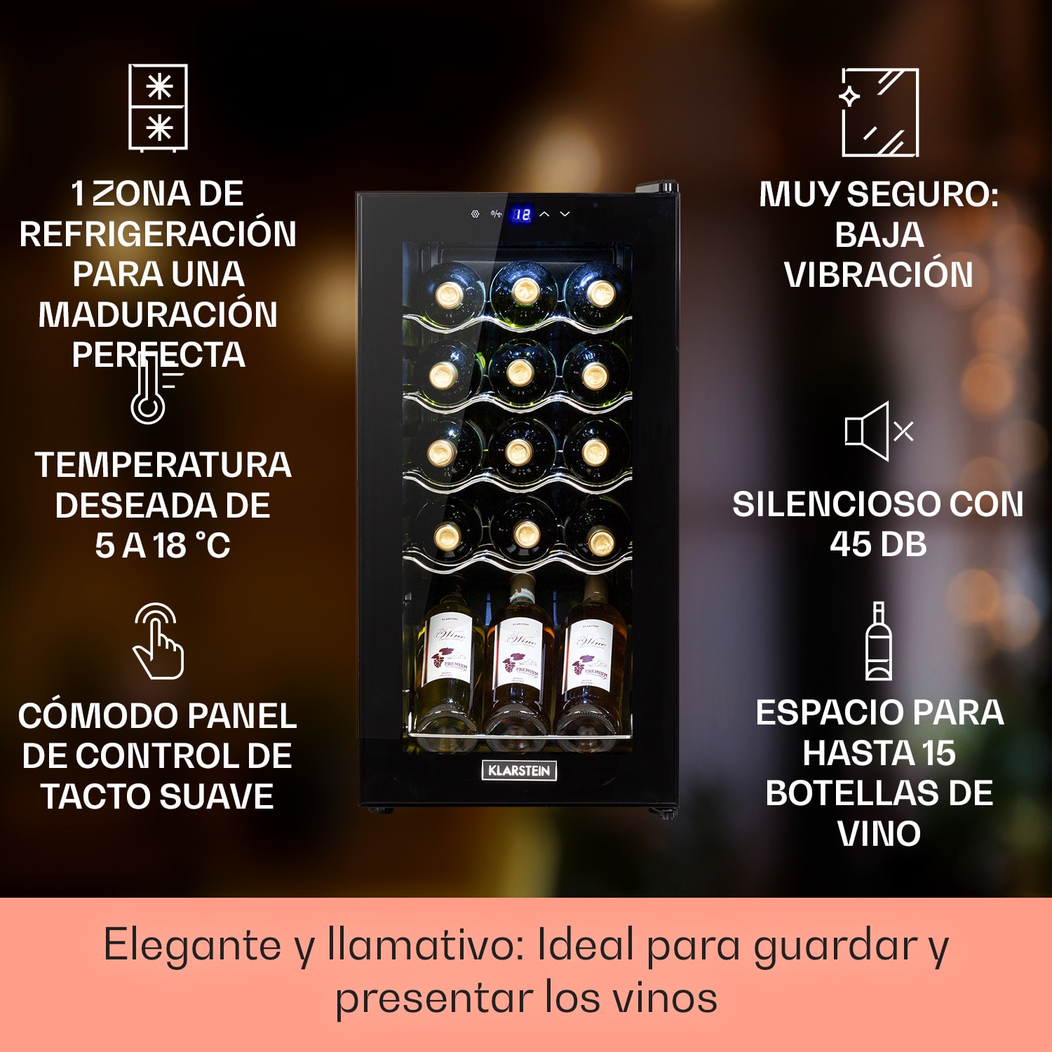 Shiraz 15 Slim Uno Vinoteca 44l panel de control táctil de 5 a 18 °C 