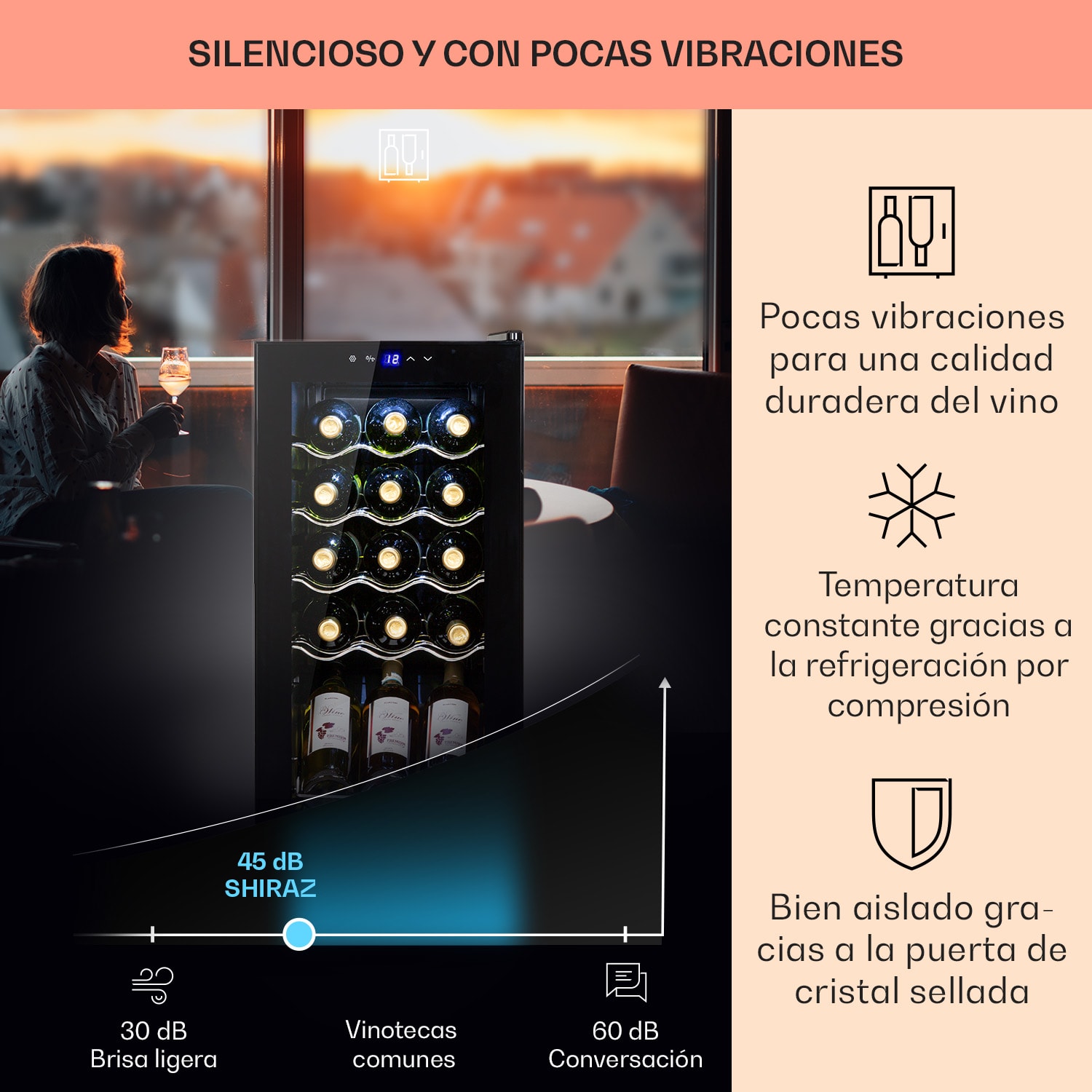 Shiraz 15 Slim Uno Vinoteca 44l panel de control táctil de 5 a 18 °C 