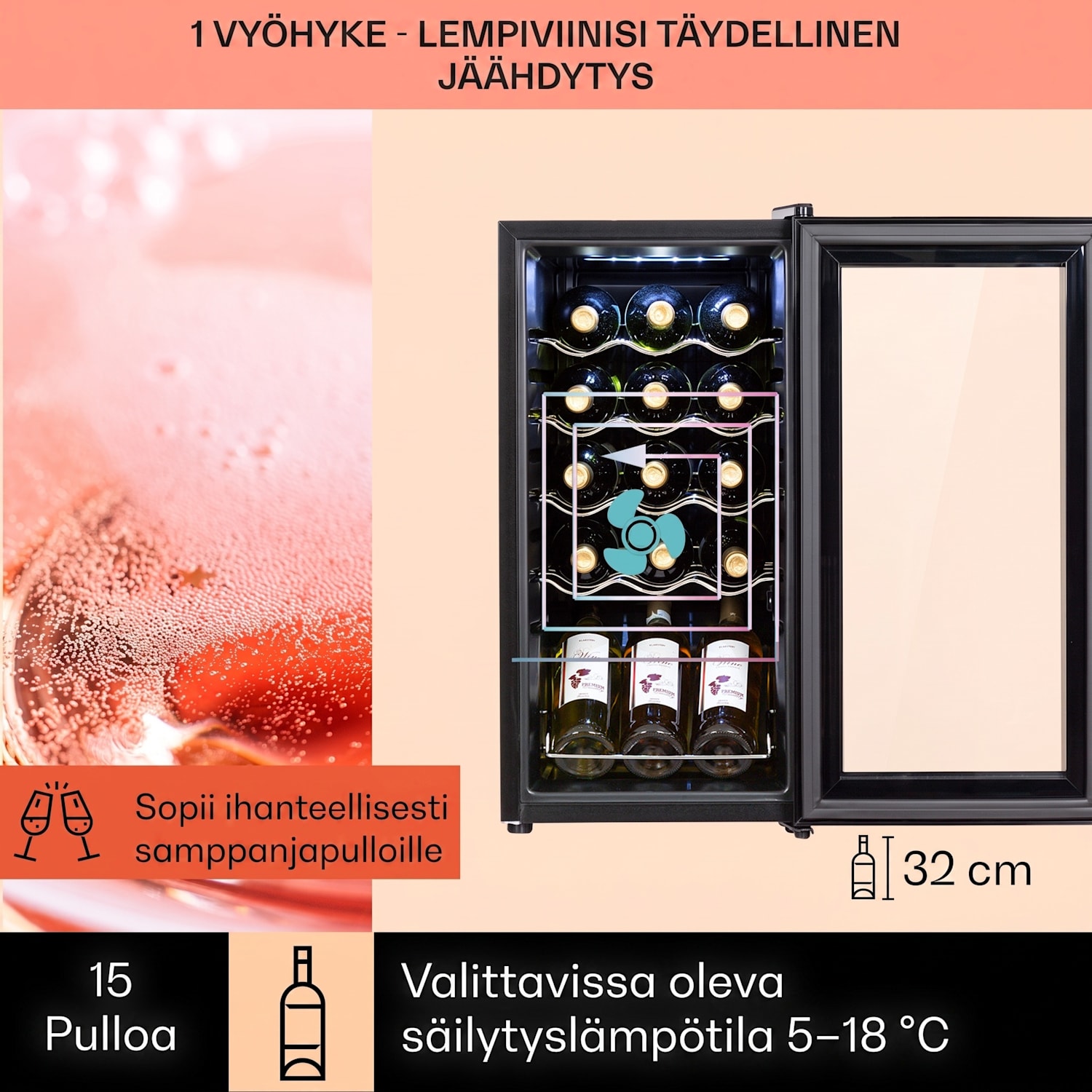 Shiraz 15 Slim Uno viinikaappi 44 l kosketuspaneeli 5-18 °C 15 pulloa | 1 jäähdytysalue | Musta