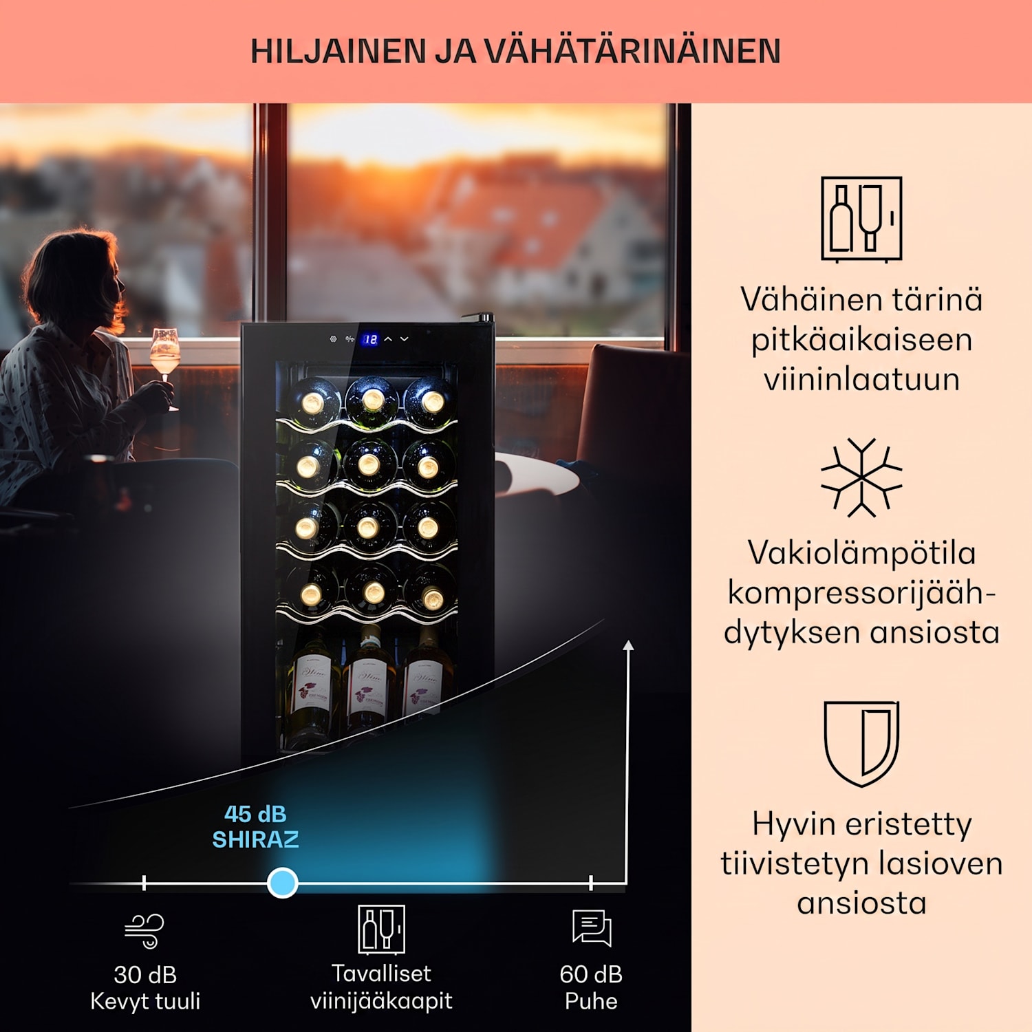 Shiraz 15 Slim Uno viinikaappi 44 l kosketuspaneeli 5-18 °C 15 pulloa | 1 jäähdytysalue | Musta
