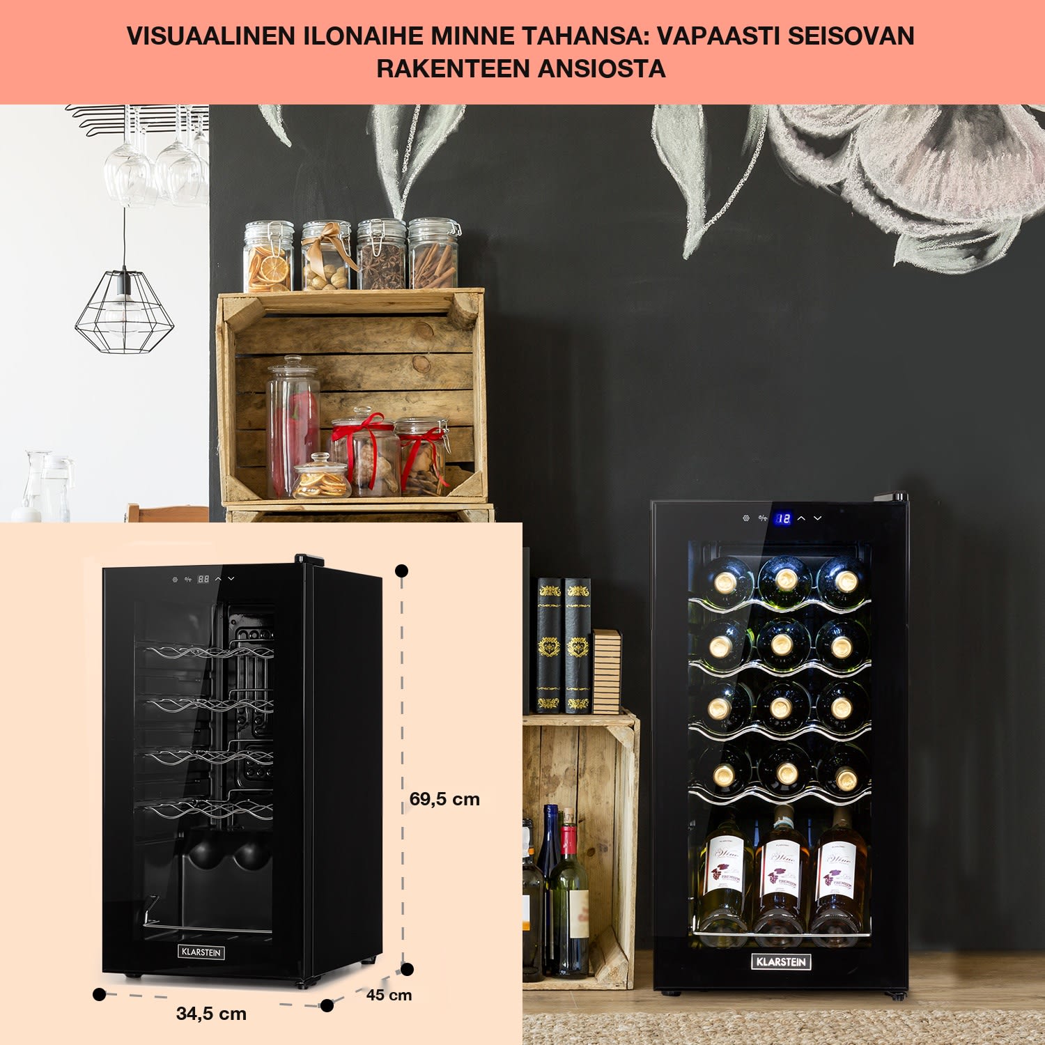 Shiraz 15 Slim Uno viinikaappi 44 l kosketuspaneeli 5-18 °C 15 pulloa | 1 jäähdytysalue | Musta