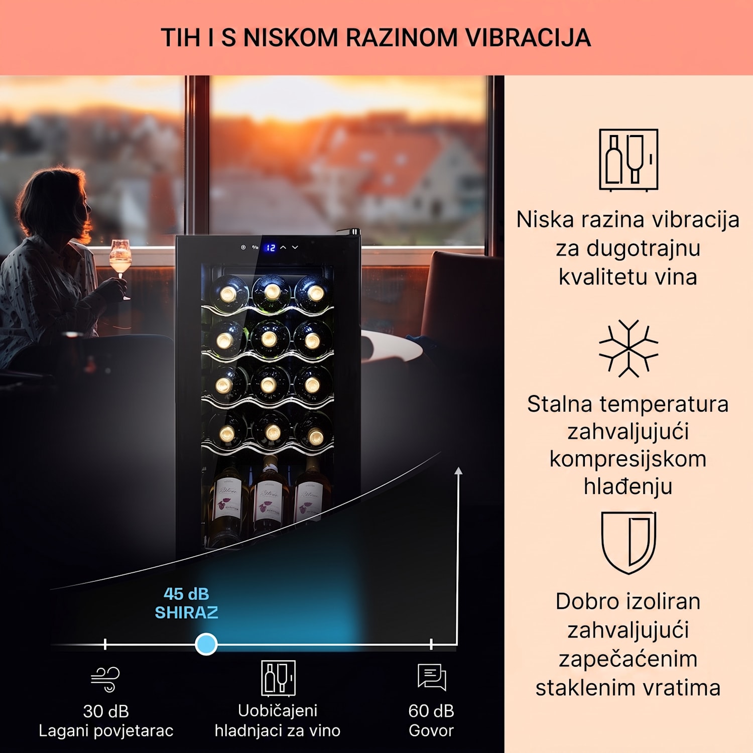 Shiraz 15 Slim Uno, hladnjak za vino, 44 L, touch screen, 135 W, 5 – 18 °C, crna 15 boca | 1 | Crna