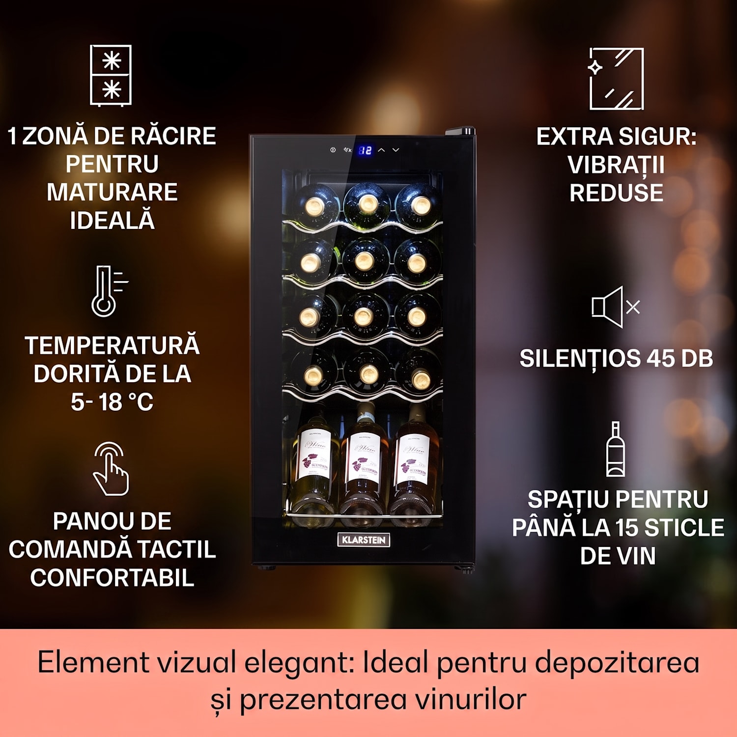 Shiraz 15 Slim Uno, frigider pentru vin, 44 l, tactil, 135 W, 5 - 18 °C, negru 15 sticle | 1 | Negru