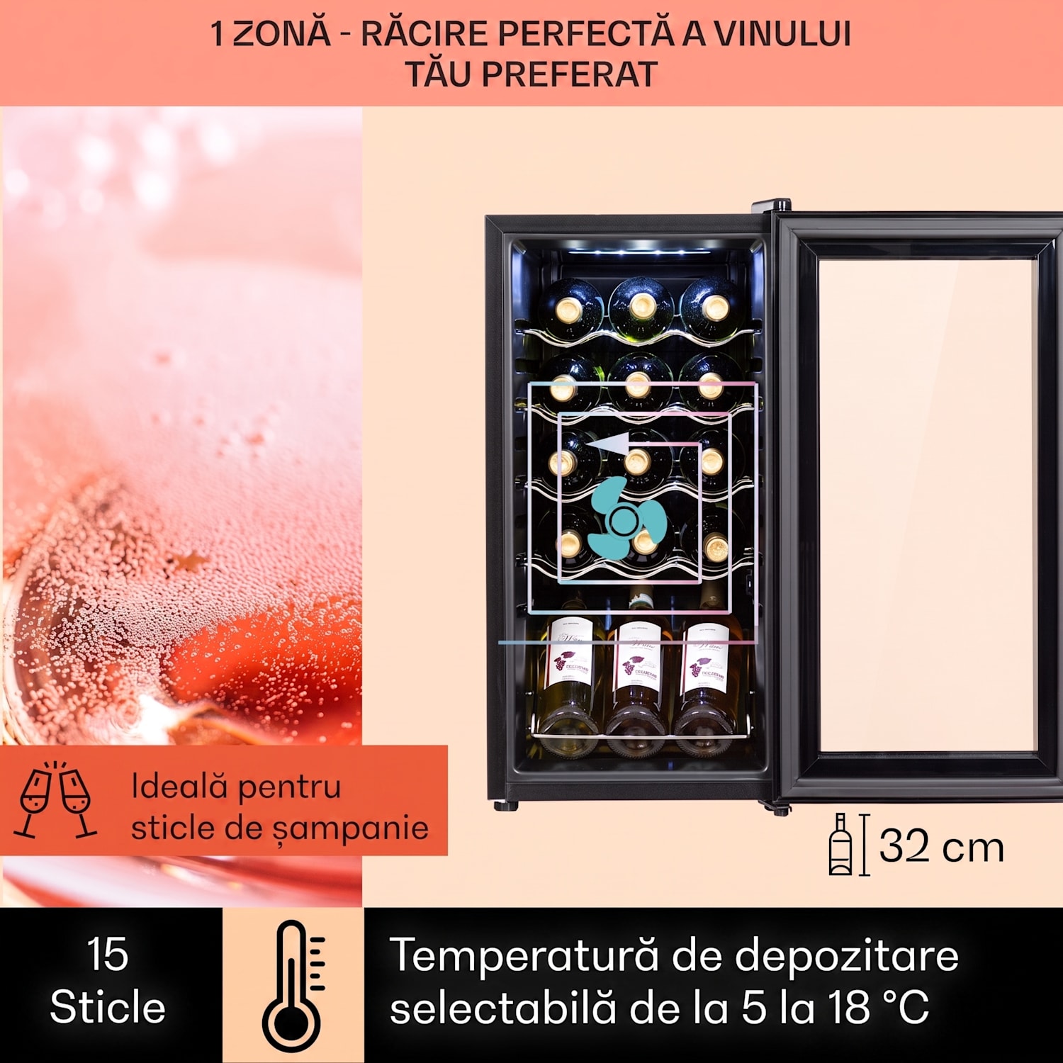 Shiraz 15 Slim Uno, frigider pentru vin, 44 l, tactil, 135 W, 5 - 18 °C, negru 15 sticle | 1 | Negru