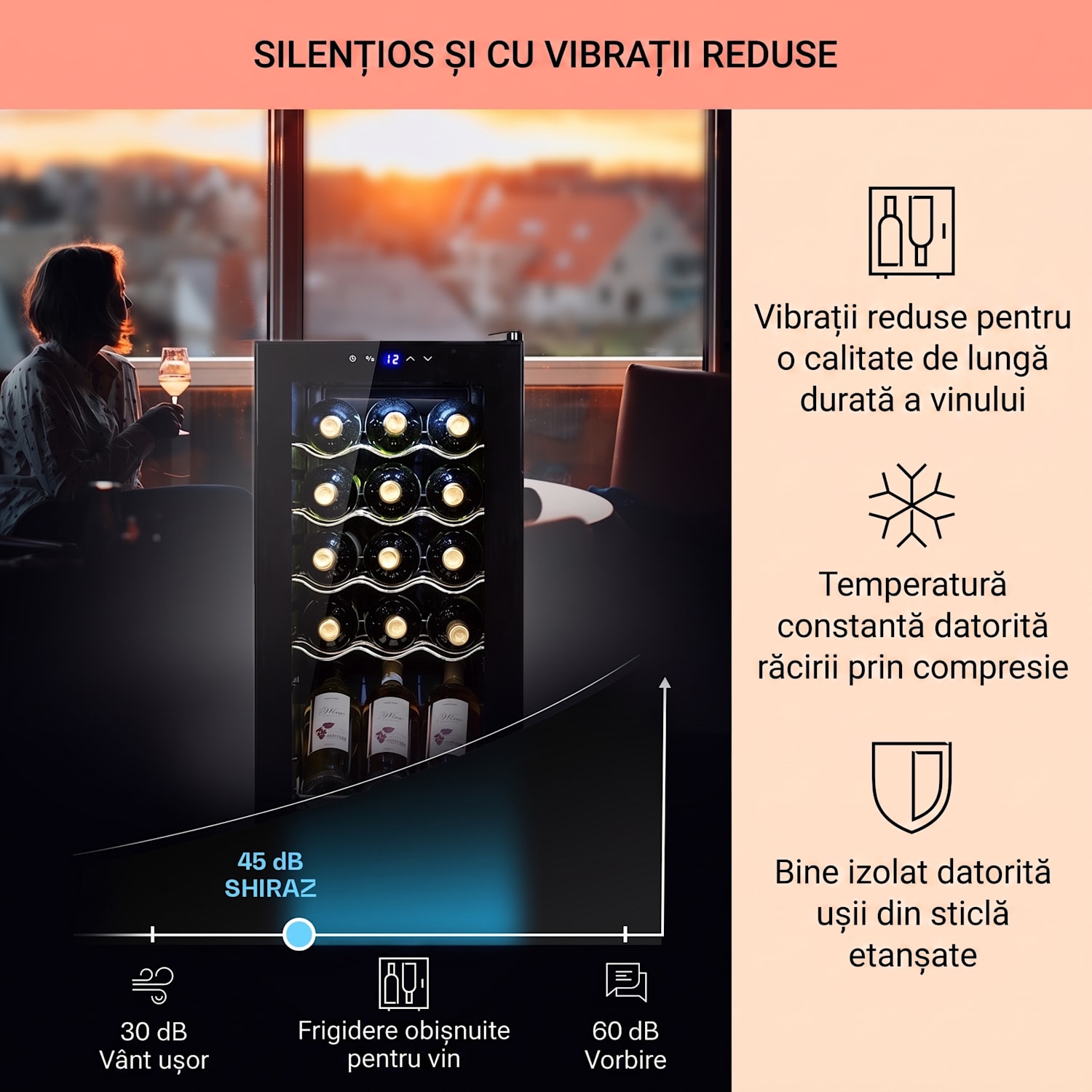 Shiraz 15 Slim Uno, frigider pentru vin, 44 l, tactil, 135 W, 5 - 18 °C, negru 15 sticle | 1 | Negru