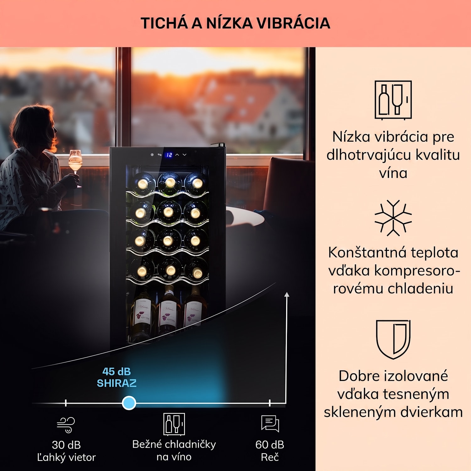 Shiraz 15 Slim Uno, vinotéka, 44 l, 135 W, 5–18°C, dotykové ovládanie, čierna 15 fliaš | 1 chladiaca zóna | Čierna