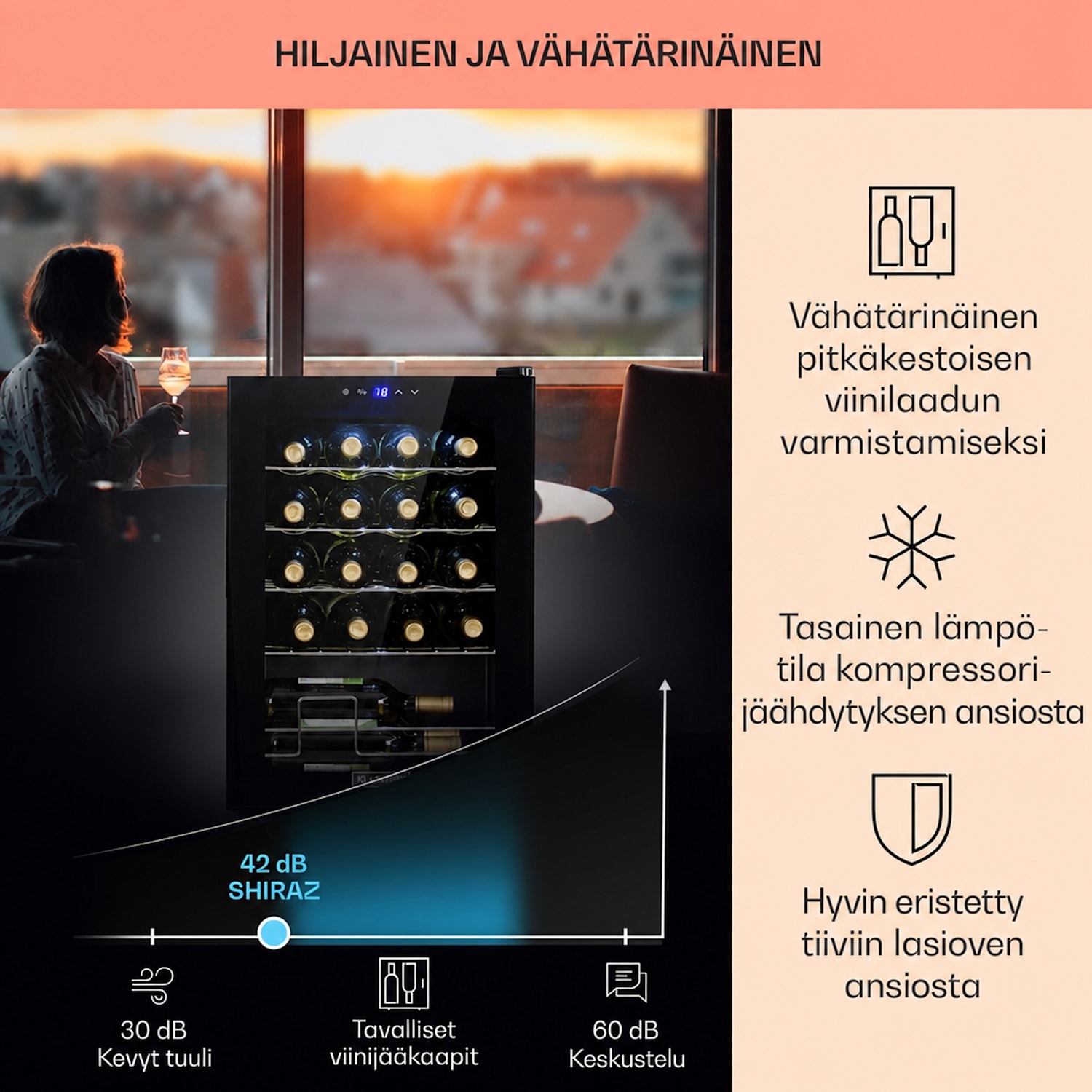 Shiraz 20 Uno viinikaappi 53 l 20 pullolle kosketuspaneeli  5-18 °C 20 pulloa | 1 jäähdytysalue | Musta