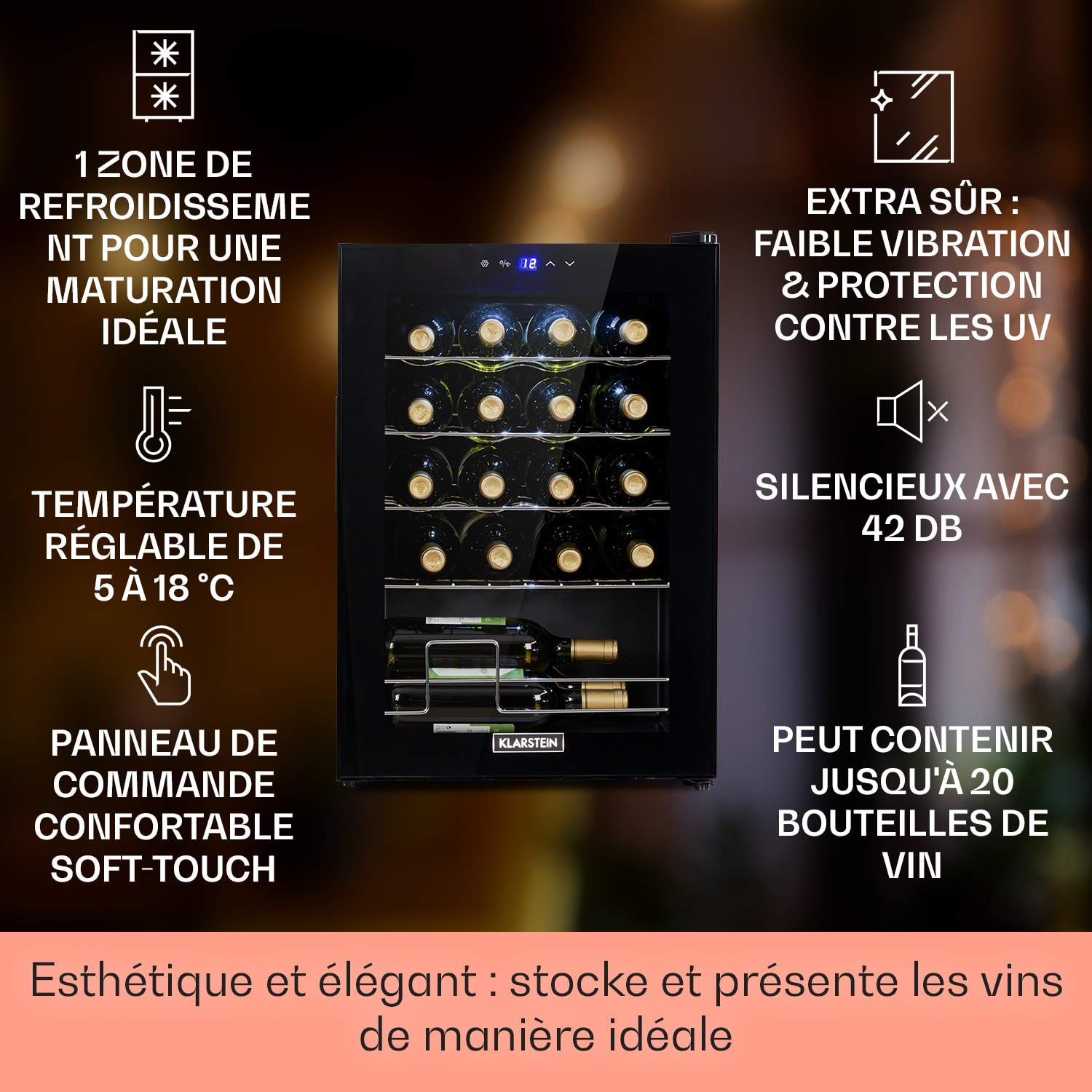 Shiraz 20 Uno wijnkoelkast 53 liter 20 flessen touch bediening5-18°C 20 flessen | 1 koelzone | Zwart