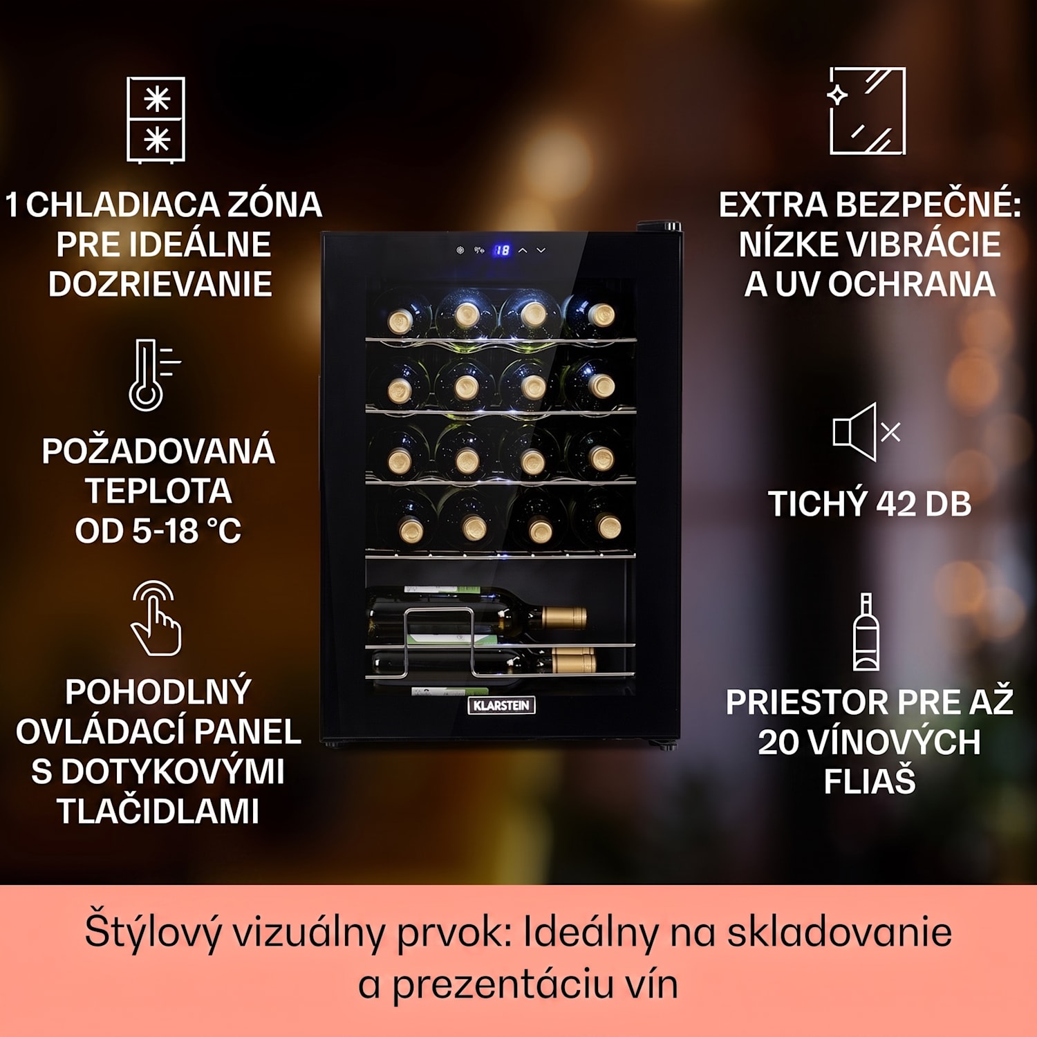 Shiraz 20 Uno, vinotéka, 53 l, 20 fliaš, 5-18°C, dotykový ovládací panel 20 fliaš | 1 chladiaca zóna | Čierna