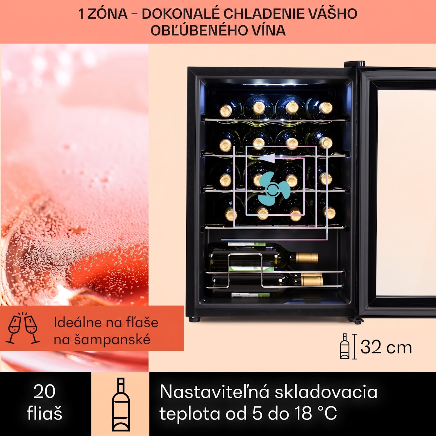 Shiraz 20 Uno, vinotéka, 53 l, 20 fliaš, 5-18°C, dotykový ovládací panel 20 fliaš | 1 chladiaca zóna | Čierna