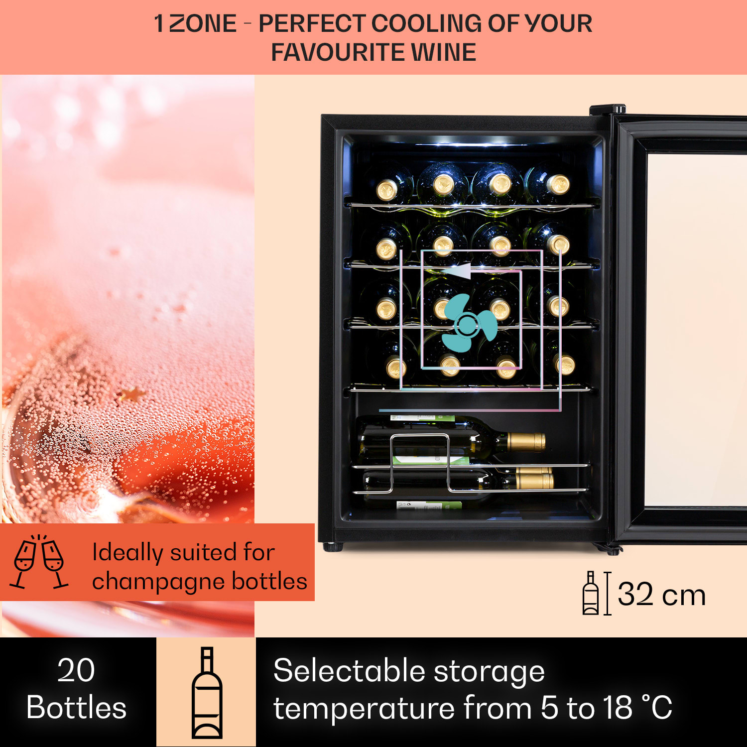 Shiraz 20 Uno, vinotéka, 53 l, 20 fliaš, 5-18°C, dotykový ovládací panel 20 fliaš | 1 chladiaca zóna | Čierna