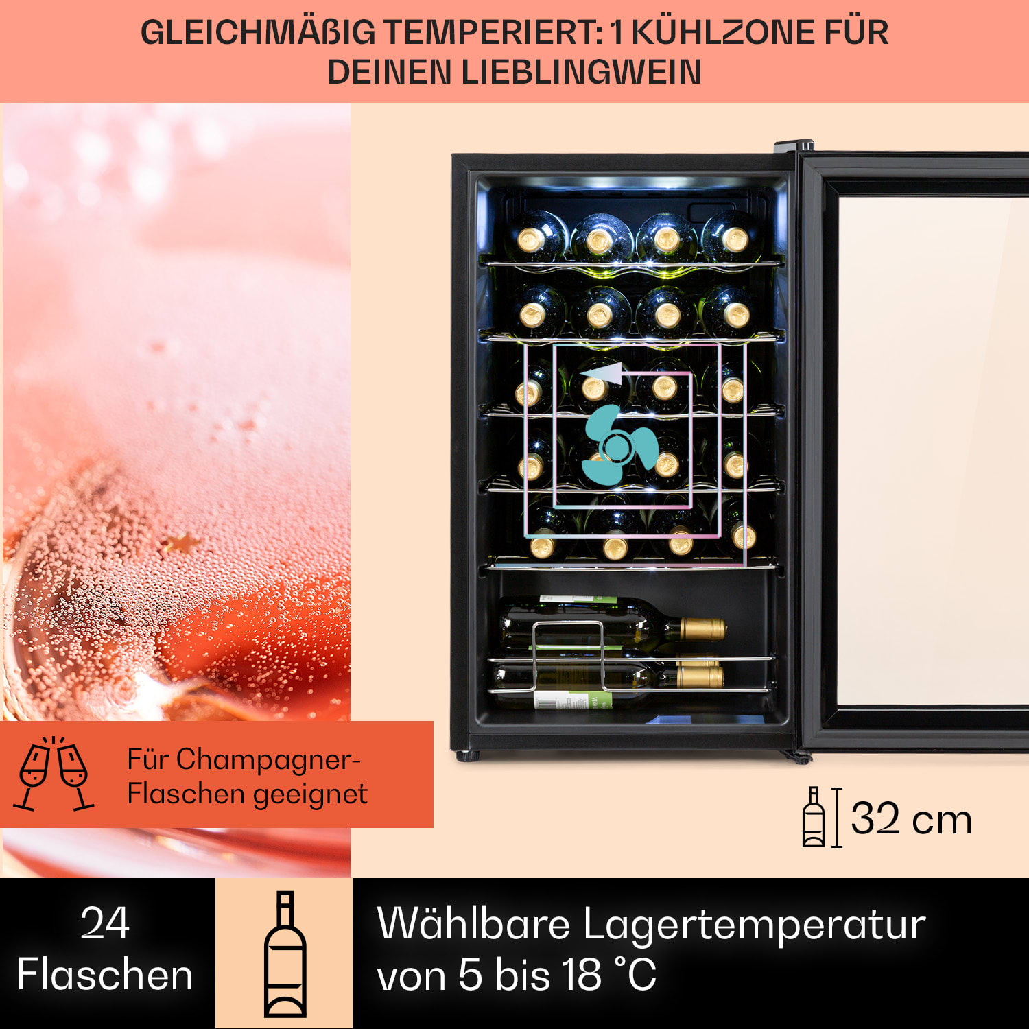 Shiraz 24 Uno Weinkühlschrank 63l 24Fl Touch-Bedienfeld  5-18°C 24 Flaschen | 1 Kühlzone | Schwarz