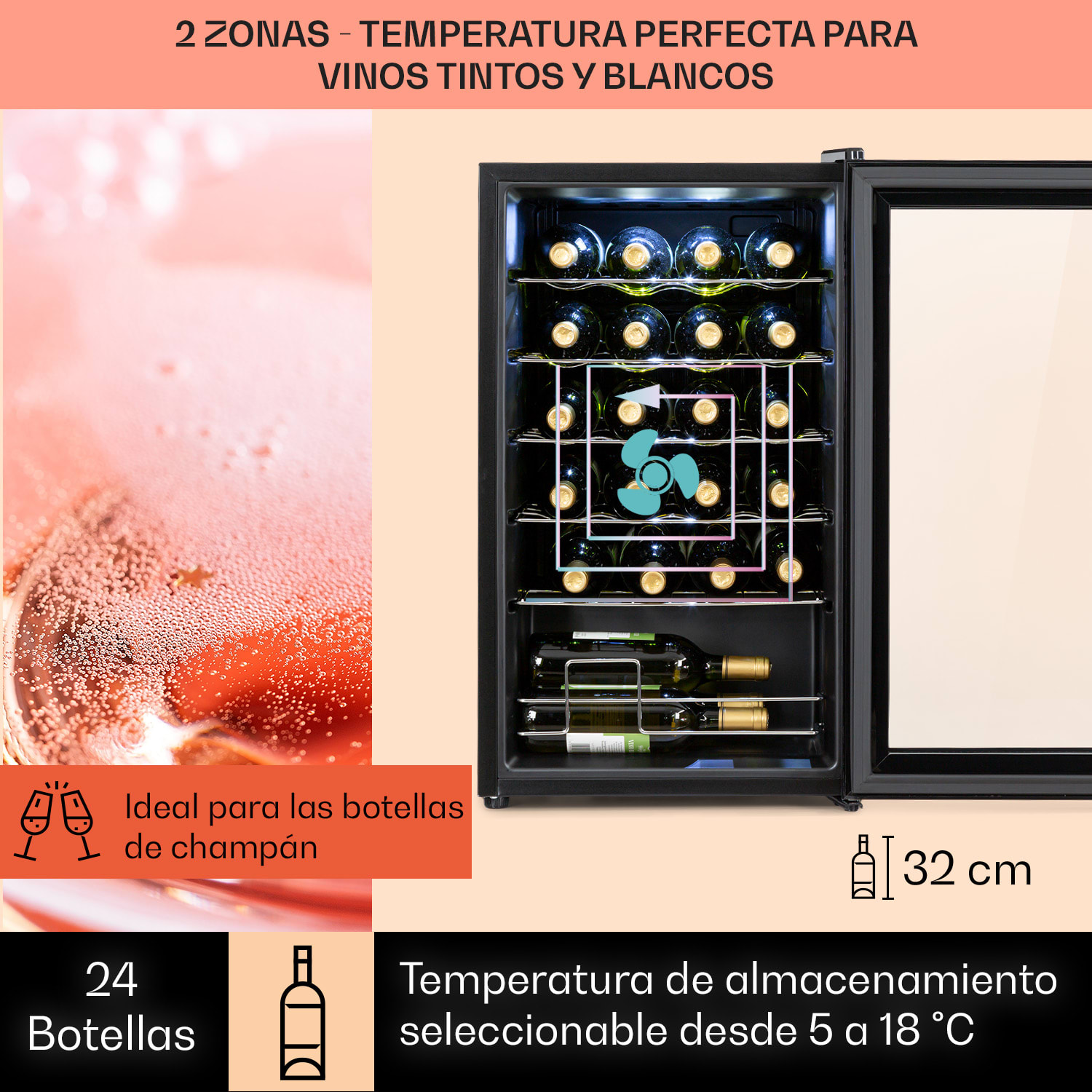 Shiraz 24 Uno Vinoteca 63L 24 botellas panel de control táctil de 5 a 18 °C 24 botellas | 1 zona de refrigeración | Negro