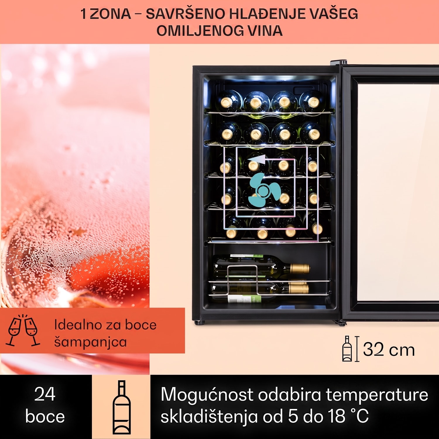 Shiraz 24 Uno, vinoteka, 67 L, 24 boce, touch screen, 5 – 18 °C, crna 24 boce | 1 | Crna