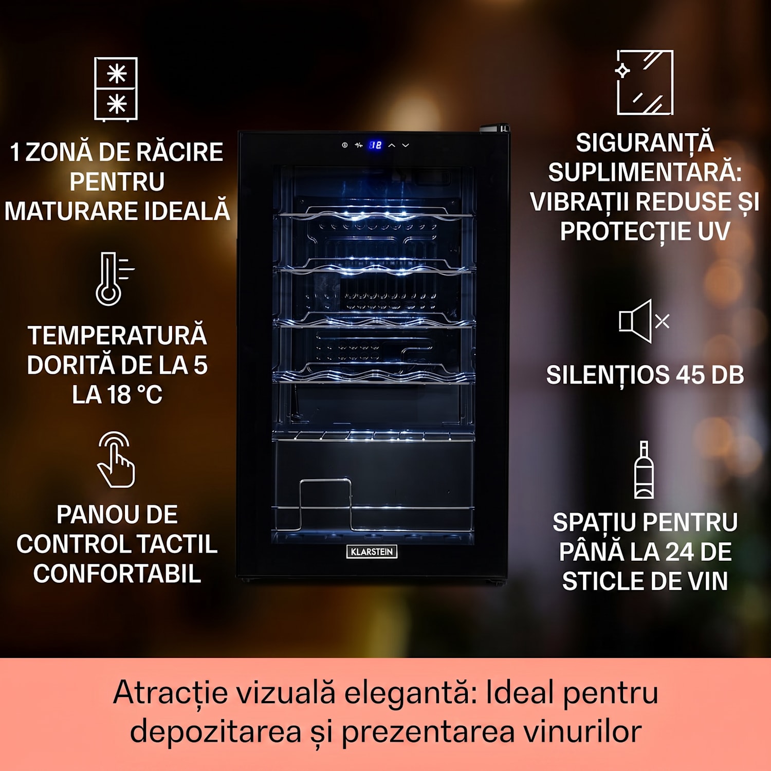 Shiraz 24 Uno, vinotecă, 67 l, 24 de sticle, tactilă, 5 - 18 °C, neagră 24 de sticle | 1 | Negru