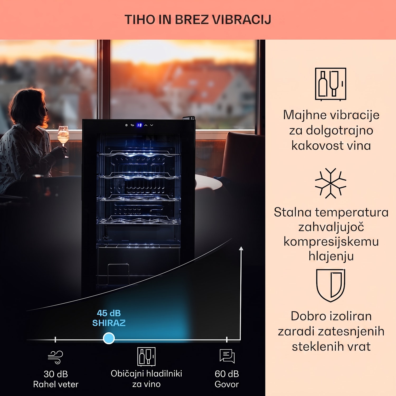 Shiraz 24 Uno, vinoteka, 63 l, 24 steklenic, 5-18 °C, nadzorna plošča na dotik 24 steklenic | 1 | Črna