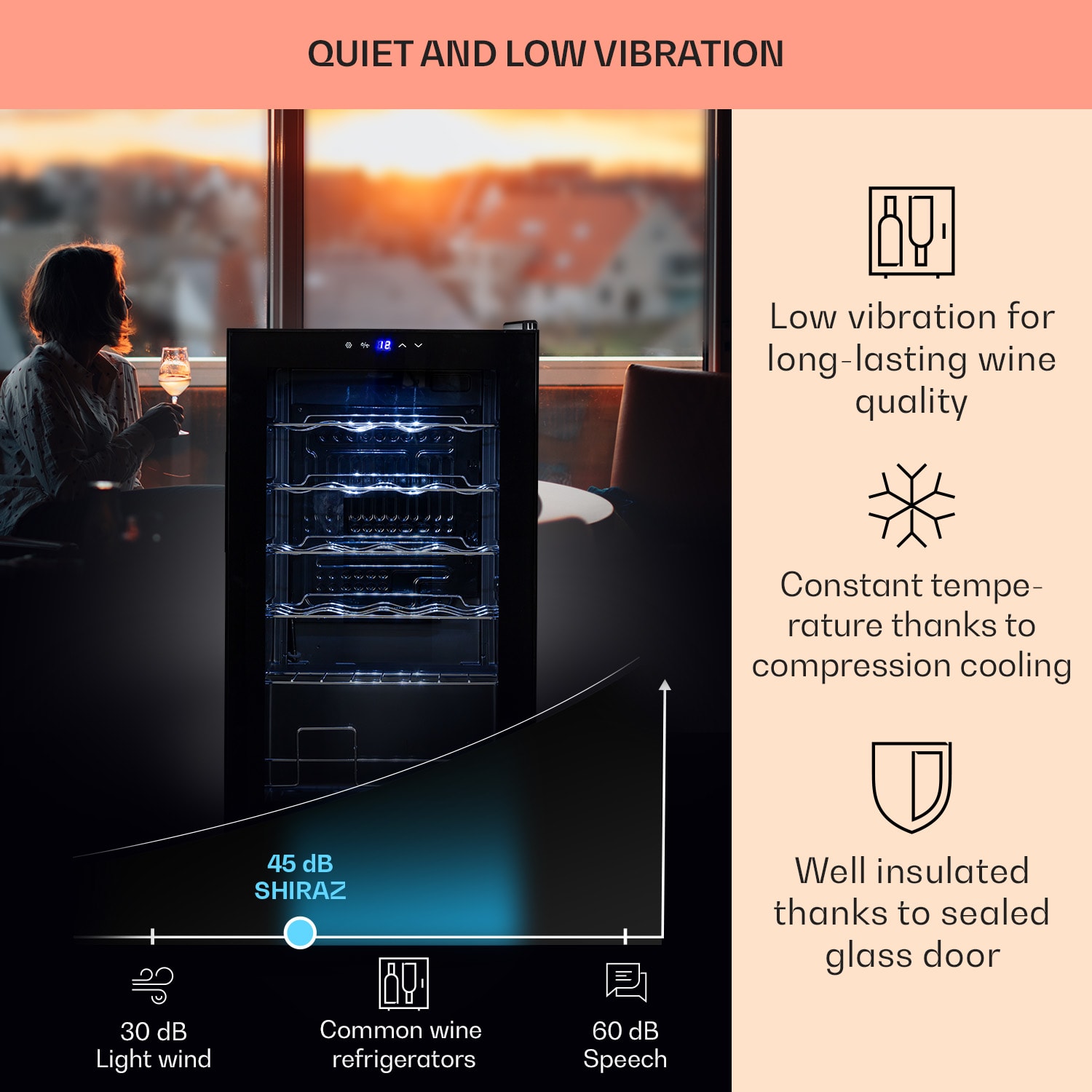 Shiraz 24 Uno, vinotecă, 67 l, 24 de sticle, tactilă, 5 - 18 °C, neagră 24 de sticle | 1 | Negru