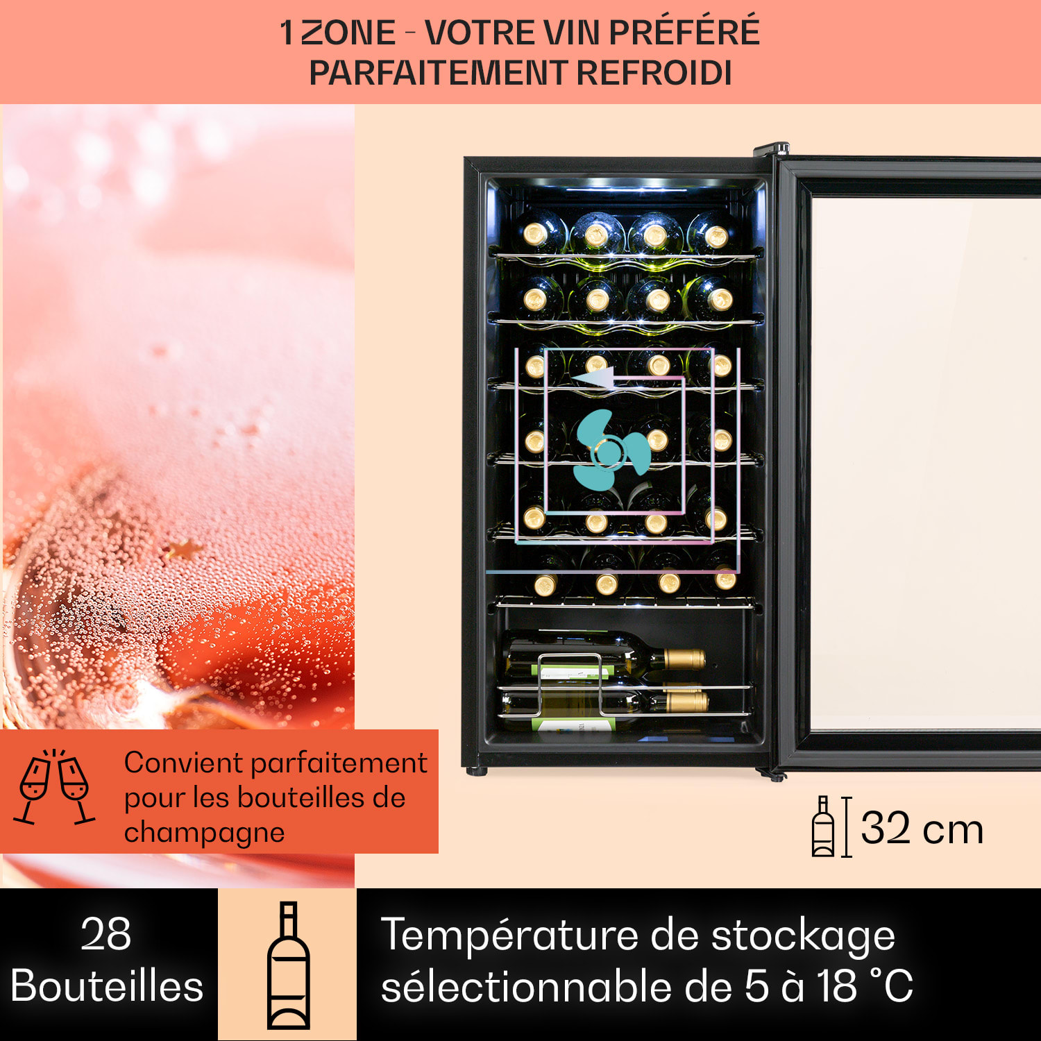 Shiraz 28 Uno wijnkoelkast 74 liter 28 flessen touch bedieningspaneel  5-18°C 28 flessen | 1 koelzone | Zwart