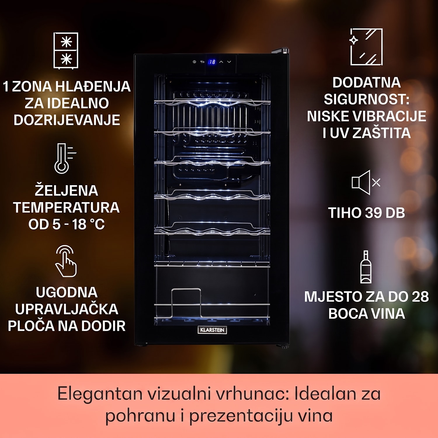 Shiraz 28 Uno, hladnjak za vino, 74l, 28fl, touch control panel, 5-18°C 28 boce | 1 | Crna