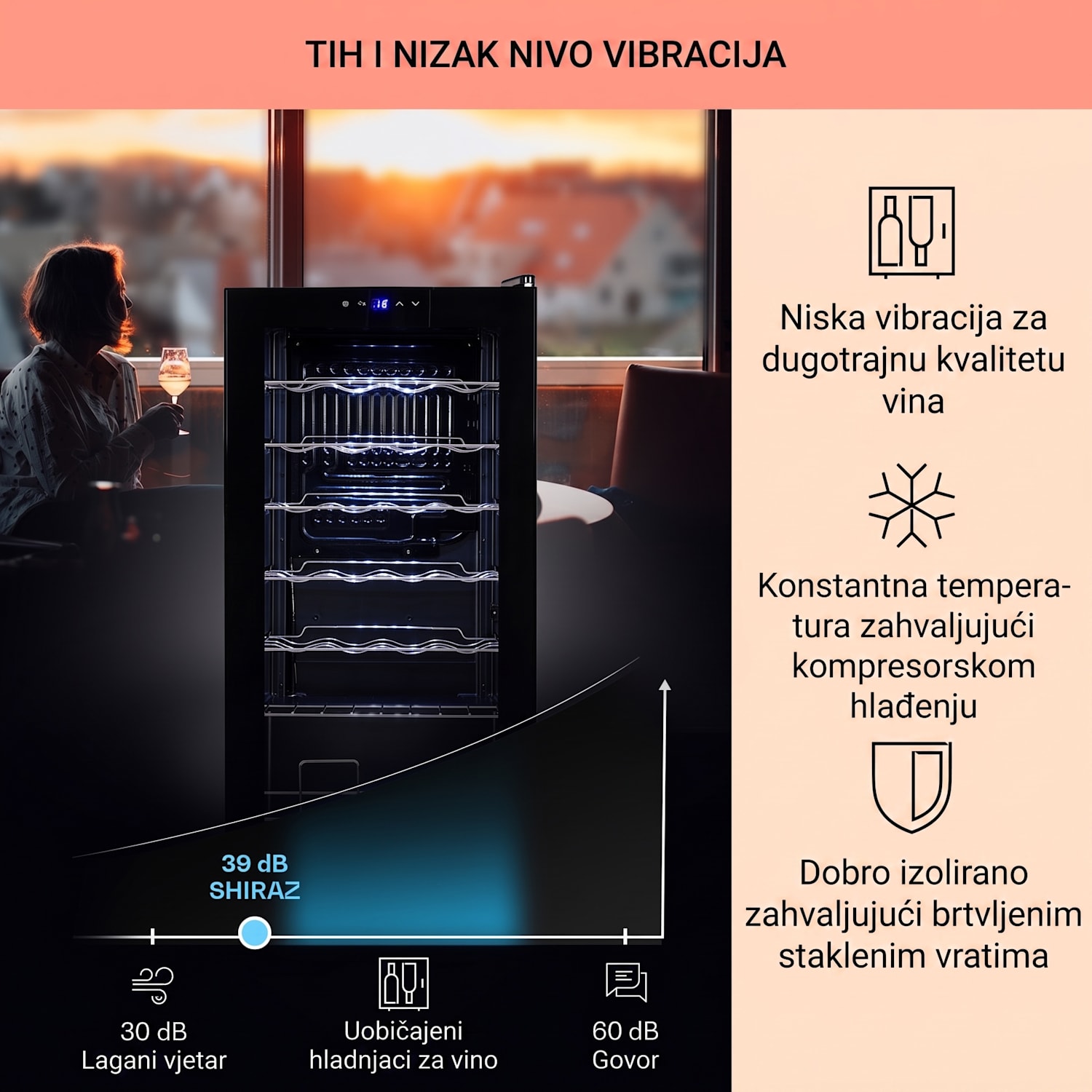 Shiraz 28 Uno, hladnjak za vino, 74l, 28fl, touch control panel, 5-18°C 28 boce | 1 | Crna