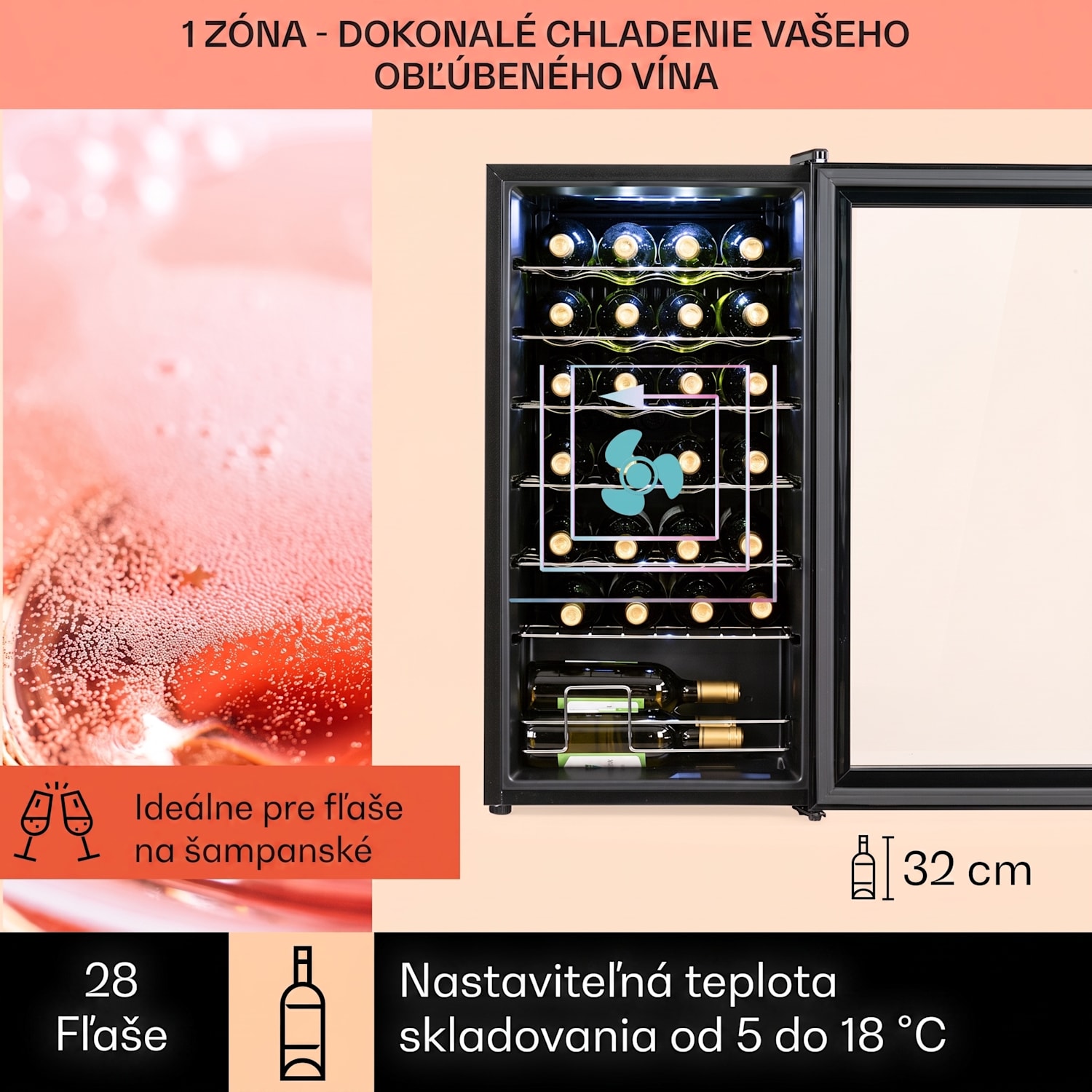 Shiraz 28 Uno, vinotéka, 74 l, 28 fliaš, 5-18°C, dotykový ovládací panel 28 fliaš | 1 chladiaca zóna | Čierna