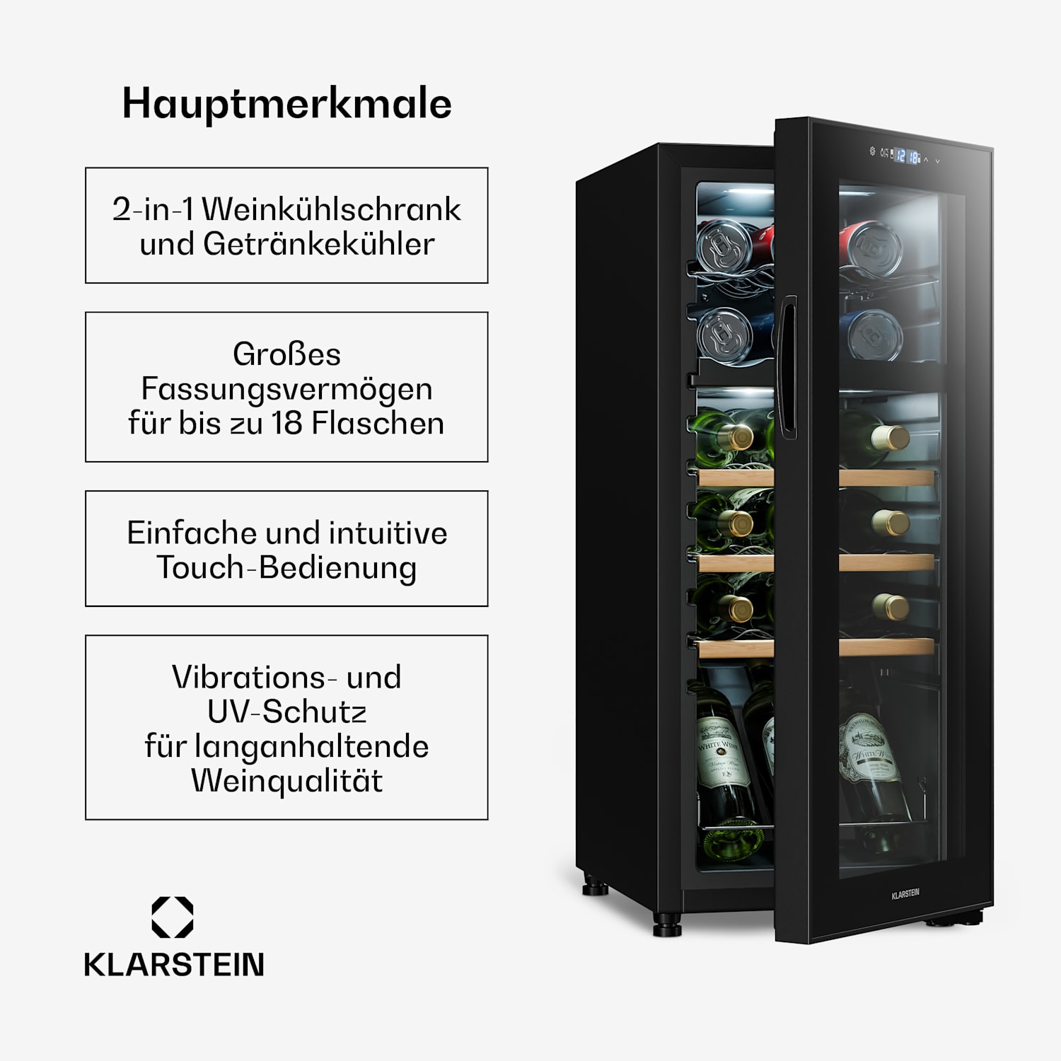 Bovella 18 Duo+ Zweizonen-Weinkühlschrank 50l 18 Fl. Glastür 18 Flaschen | 2 Kühlzonen | Schwarz