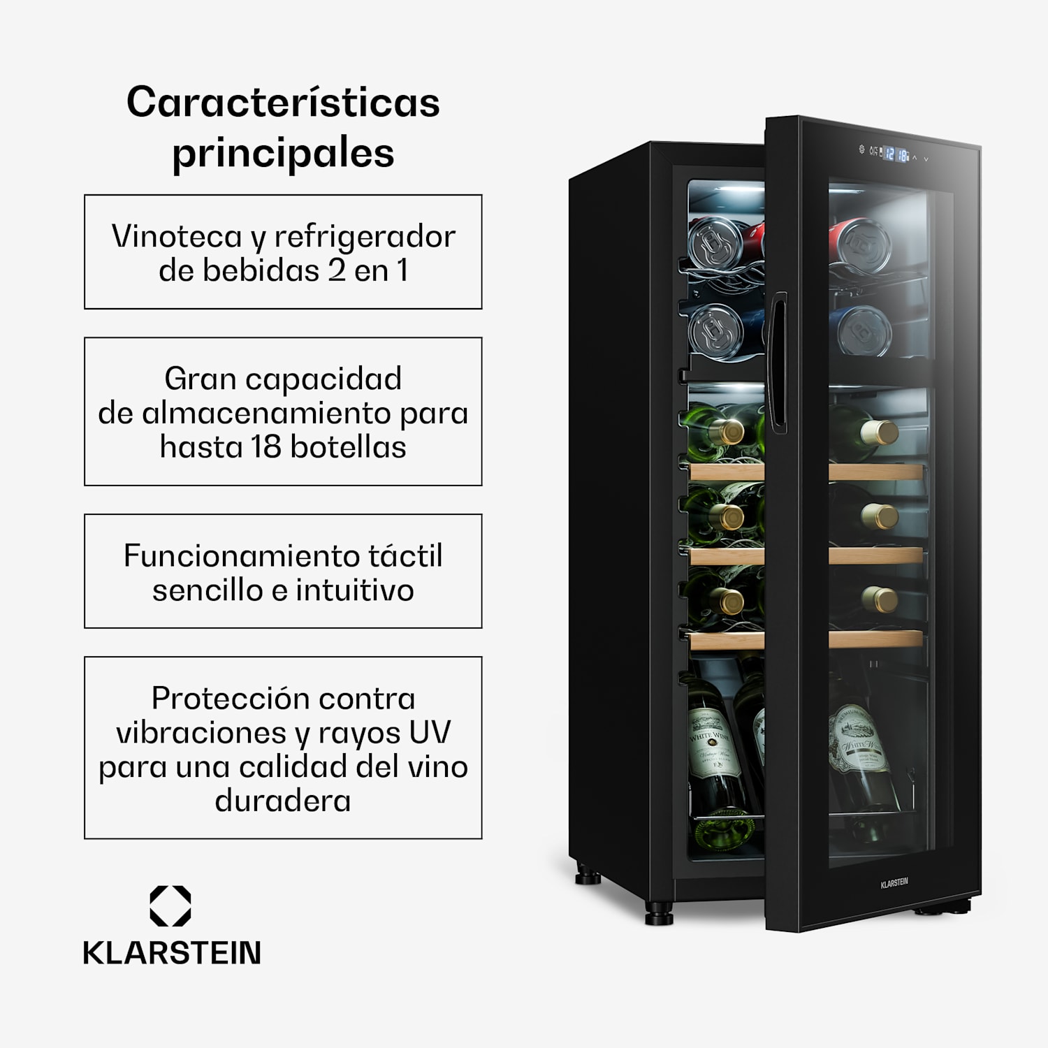 Bovella 18 Duo+ Vinoteca de dos zonas 50l 18 bot. Puerta de cristal 18 Flaschen | 2 chladicí zóny | Negro