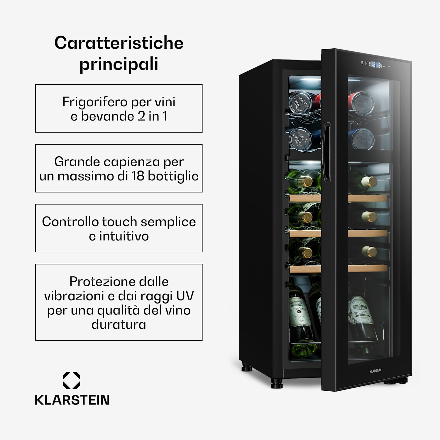 Bovella 18 Duo+ - Frigorifero per vini a due zone, 50 l, 18 bottiglie Sportello in vetro 18 bottiglie | 2 jäähdytysalue | Preto