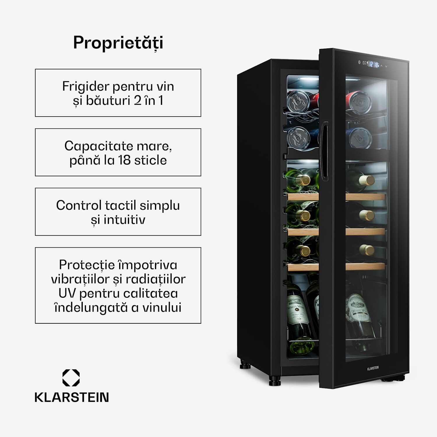 Bovella 18 Duo+, frigider de vin cu două zone, 50l, 18 sticle, ușă de sticlă 