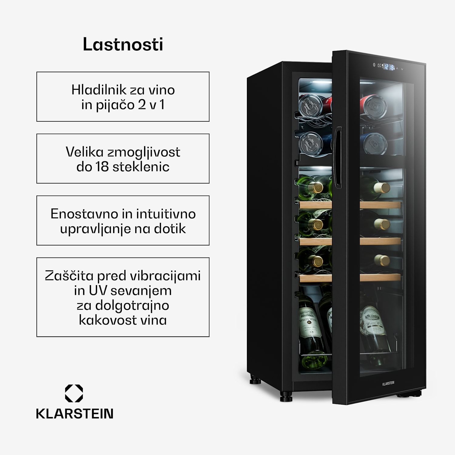 Bovella 18 Duo+, dvo-conski hladilnik za vino, 50 l, 18 stekl., steklena vrata 