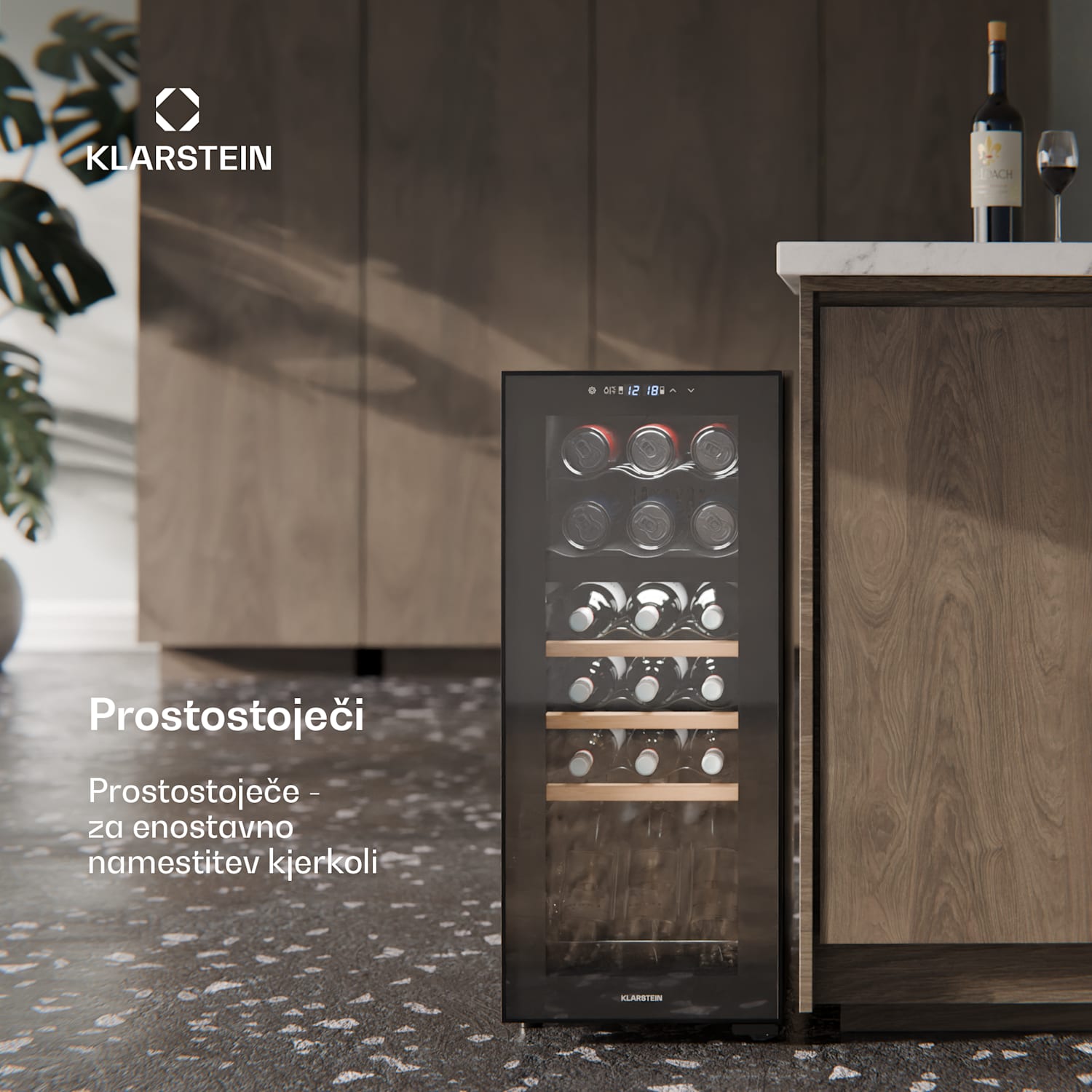 Bovella 18 Duo+, dvo-conski hladilnik za vino, 50 l, 18 stekl., steklena vrata 18 flessen | 2 chladicí zóny | Črna
