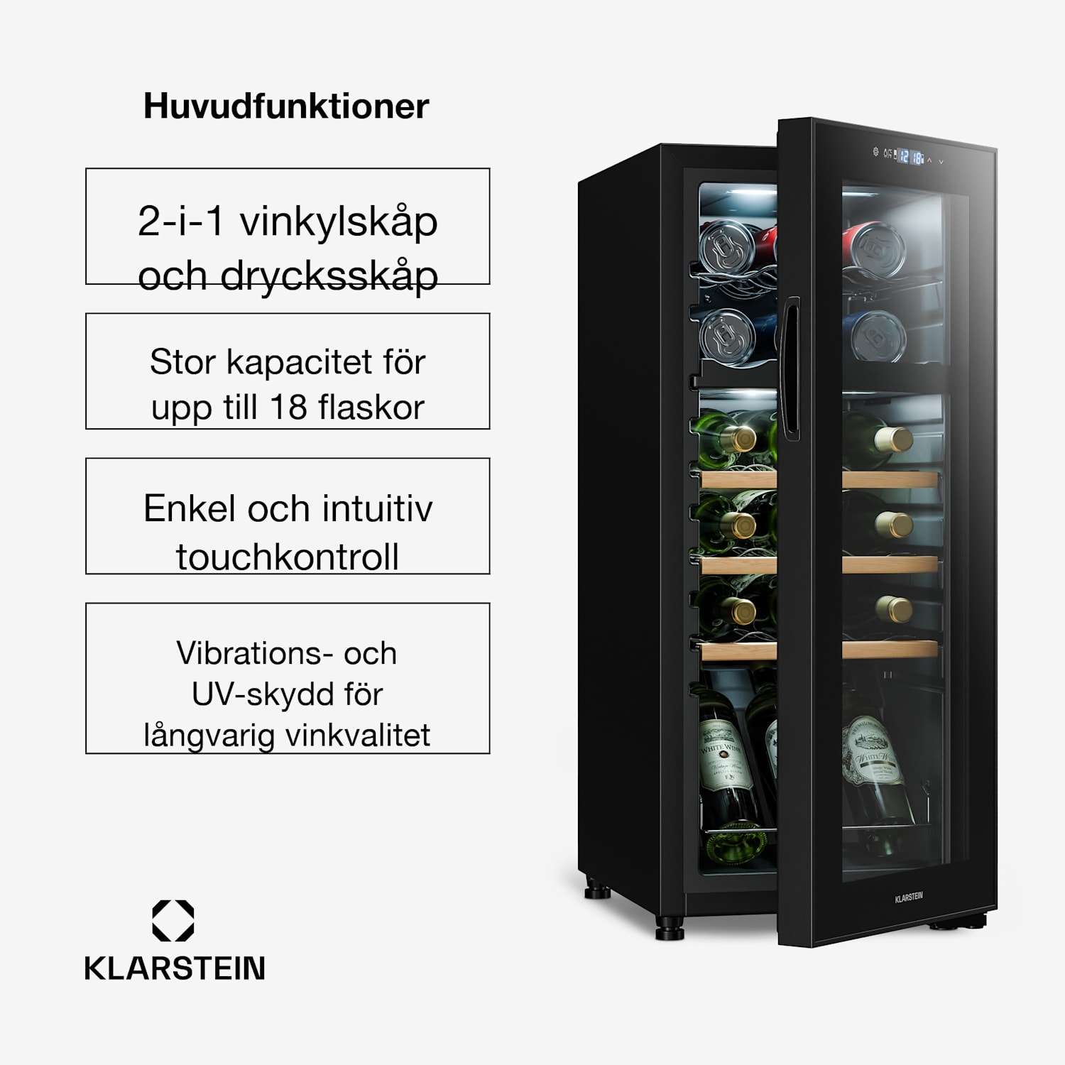 Bovella 18 Duo+ Vinkylskåp med två zoner 50l 18 fl. Glasdörr 18 flaskor | 2 kylzoner | Svart