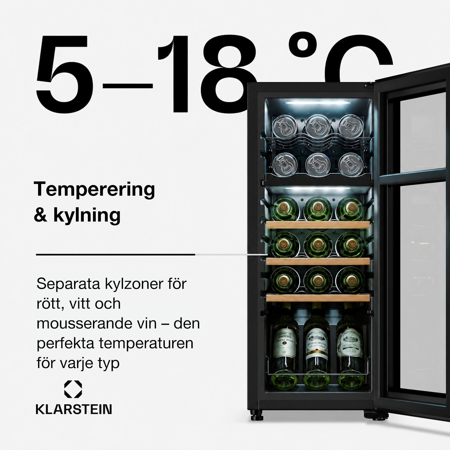 Bovella 18 Duo+ Vinkylskåp med två zoner 50l 18 fl. Glasdörr 18 flaskor | 2 kylzoner | Svart
