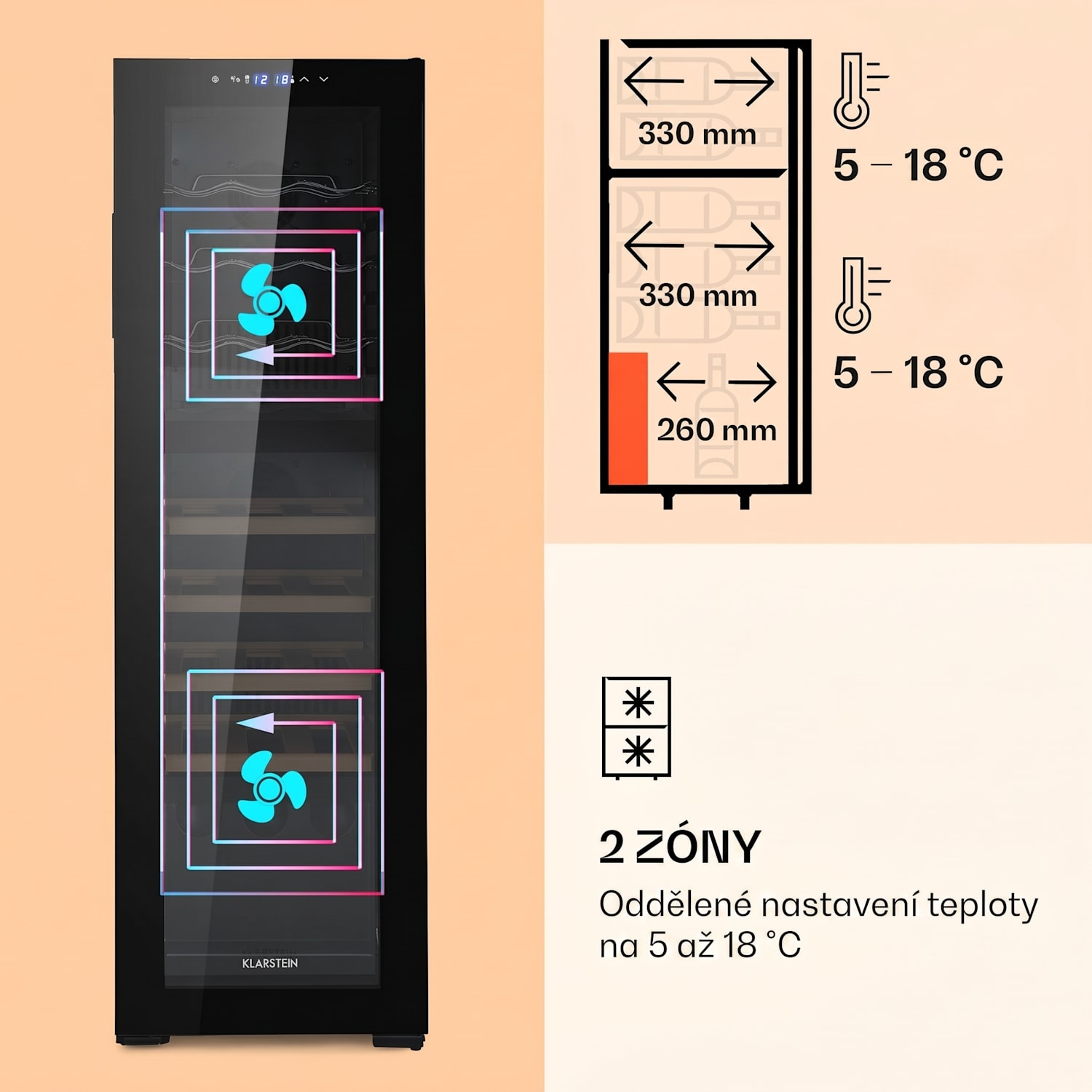 Bovella 27 Duo+, vinotéka, 74 l, 27 lahví, 2 zóny, skleněná dveře 27 lahví | 2 chladicí zóny | Černá