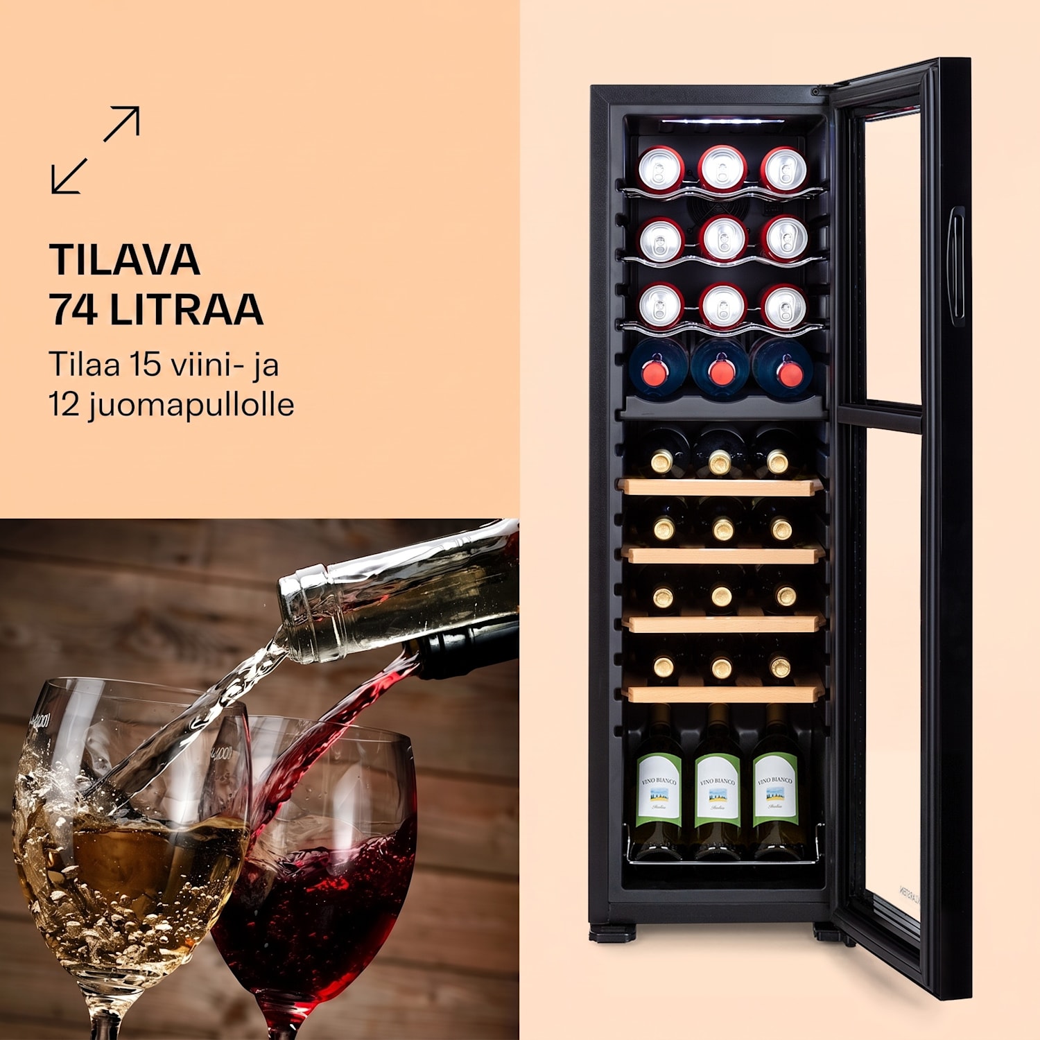 Bovella 27 Duo+ viinikaappi kahdella jäähdytysalueella 74 l 27 pullolle lasiovi 27 pulloa | 2 jäähdytysalue | Musta