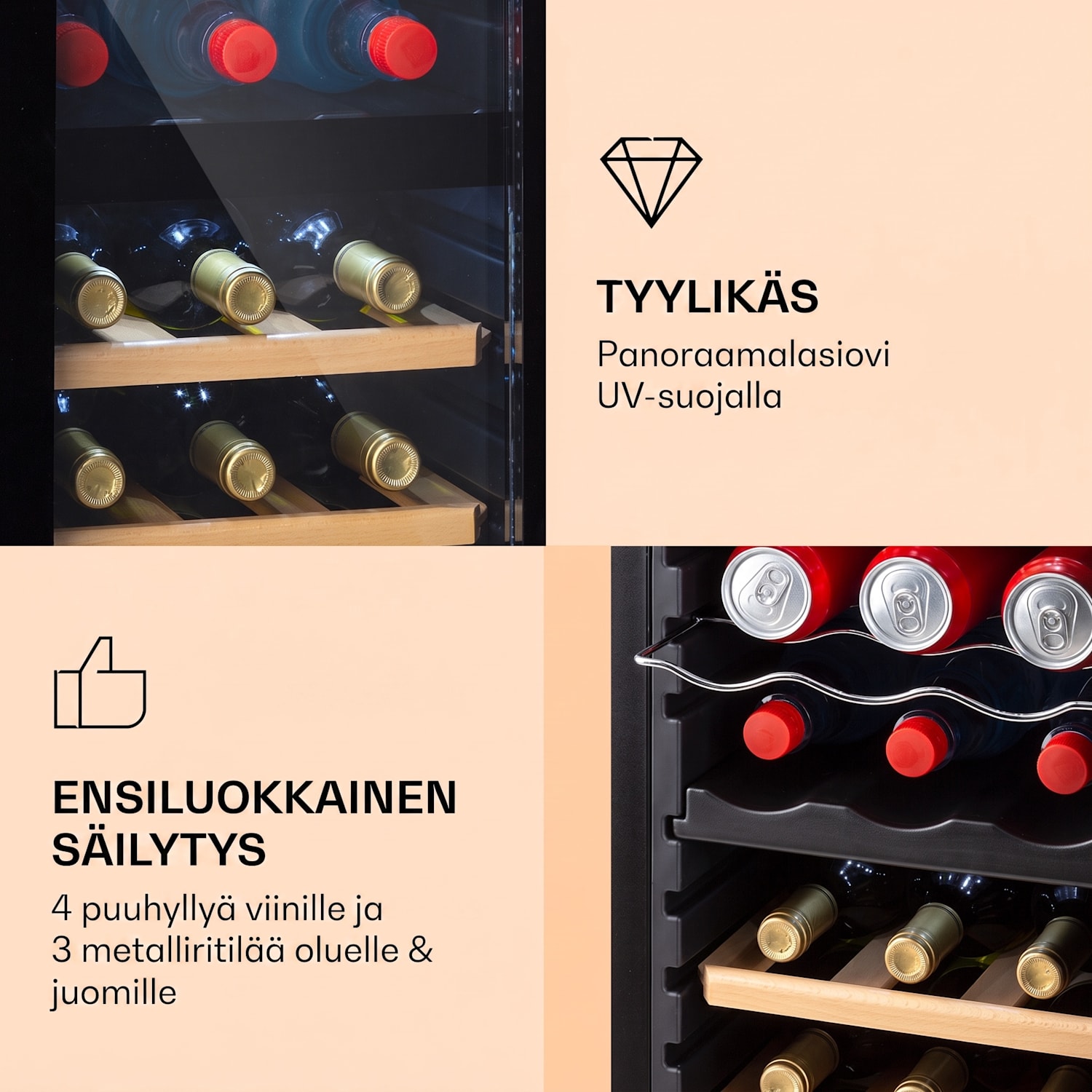 Bovella 27 Duo+ viinikaappi kahdella jäähdytysalueella 74 l 27 pullolle lasiovi 27 pulloa | 2 jäähdytysalue | Musta