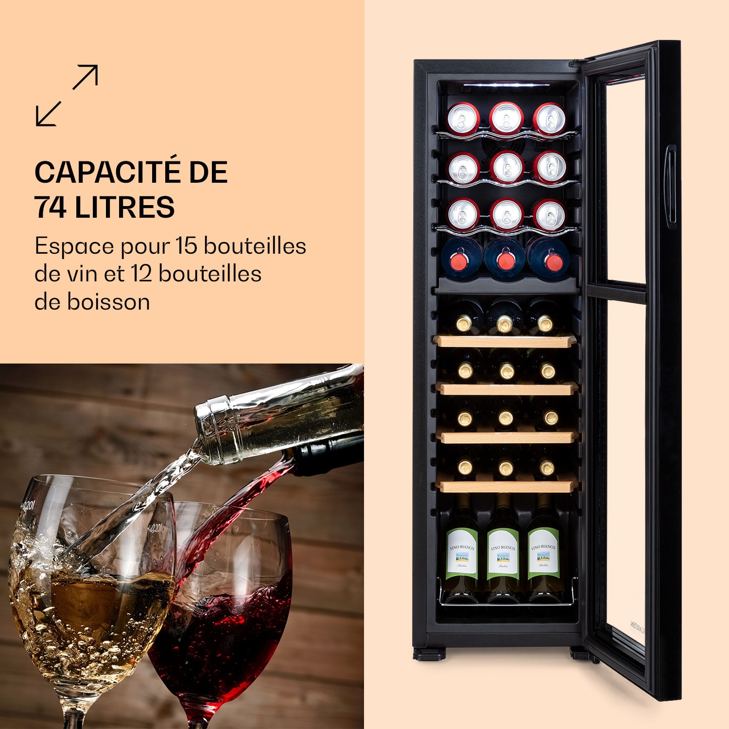 Cave à vin Bovella 27 Duo+ à deux zones 74 l 27 bouteilles Porte vitrée 27 bouteilles | 2 zones de conservation | Noir