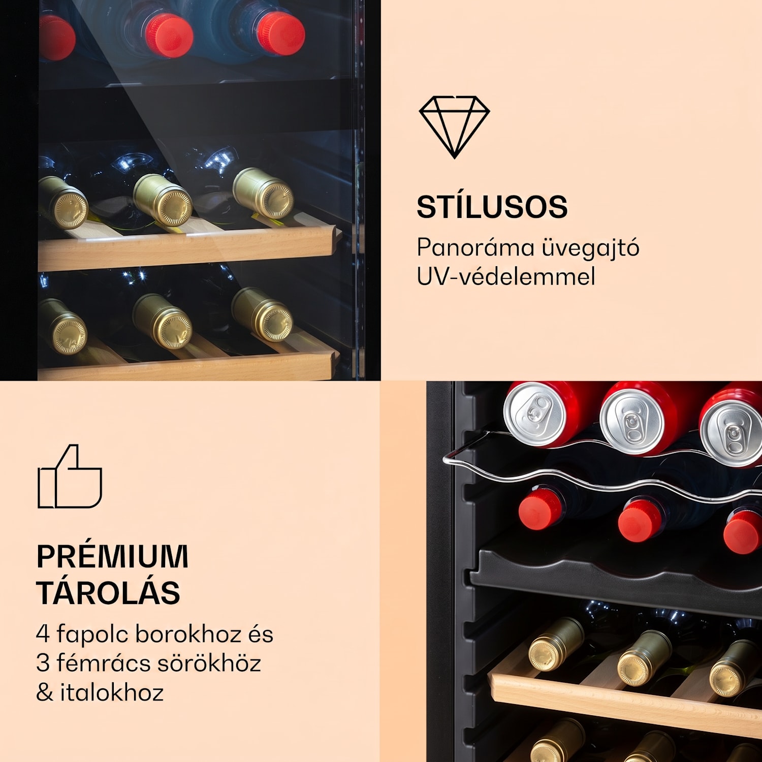 Bovella 27 Duo+, 2 zónás borhűtő, 74 liter, 27 palack, üvegajtó 27 palack | 2 hűtőzóna | Fekete