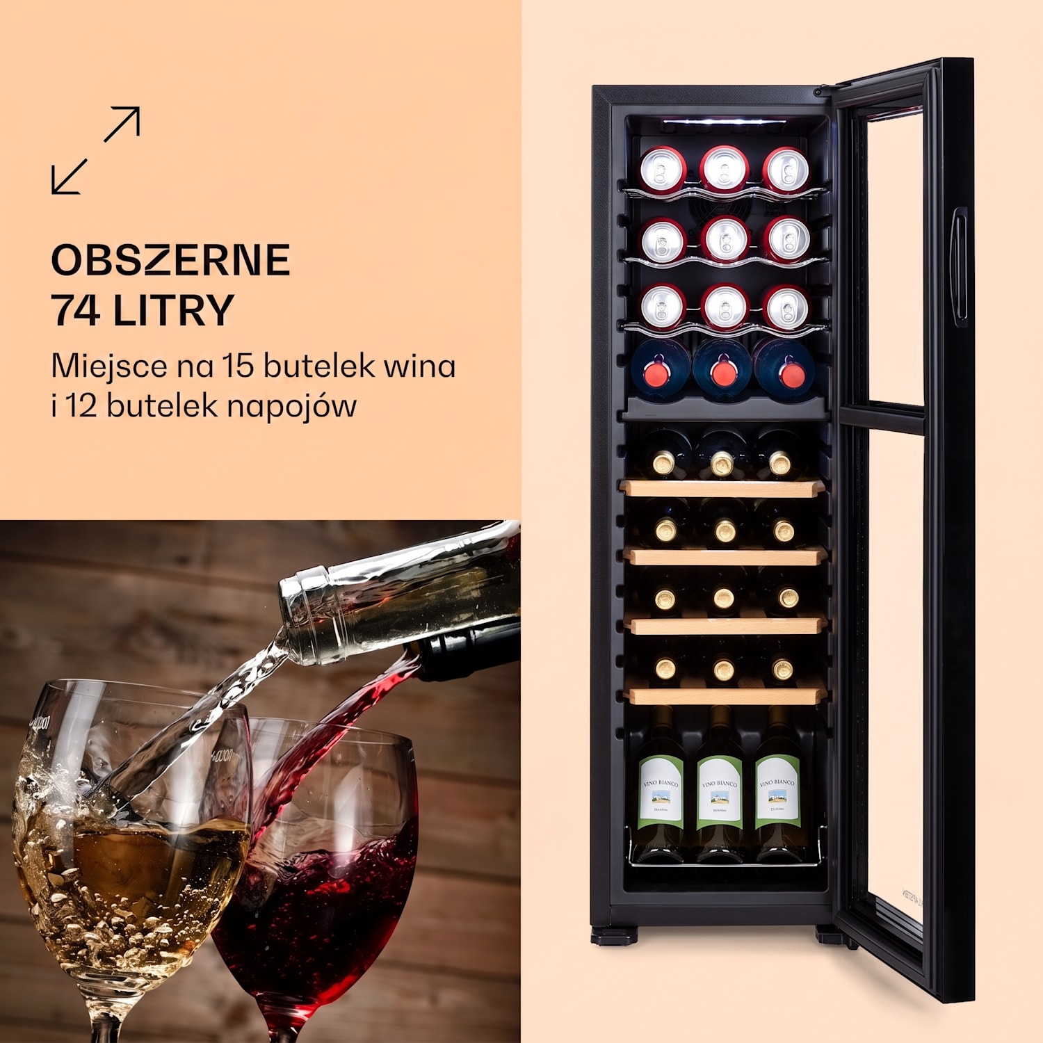 Bovella 27 Duo+, chłodziarka do wina, dwustrefowa, 74 l, 27 butelek, szklane drzwi 27 butelek | 2 strefy chłodzenia | Czarny