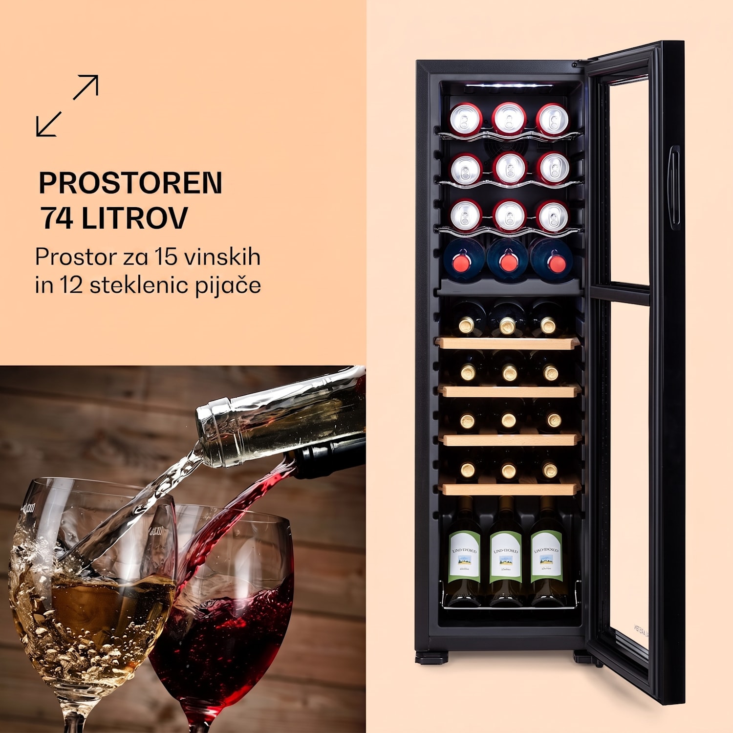 Bovella 27 Duo+, dvopodročni hladilnik za vino, 74l, 27 st., steklena vrata 27 steklenic | 2 | Črna