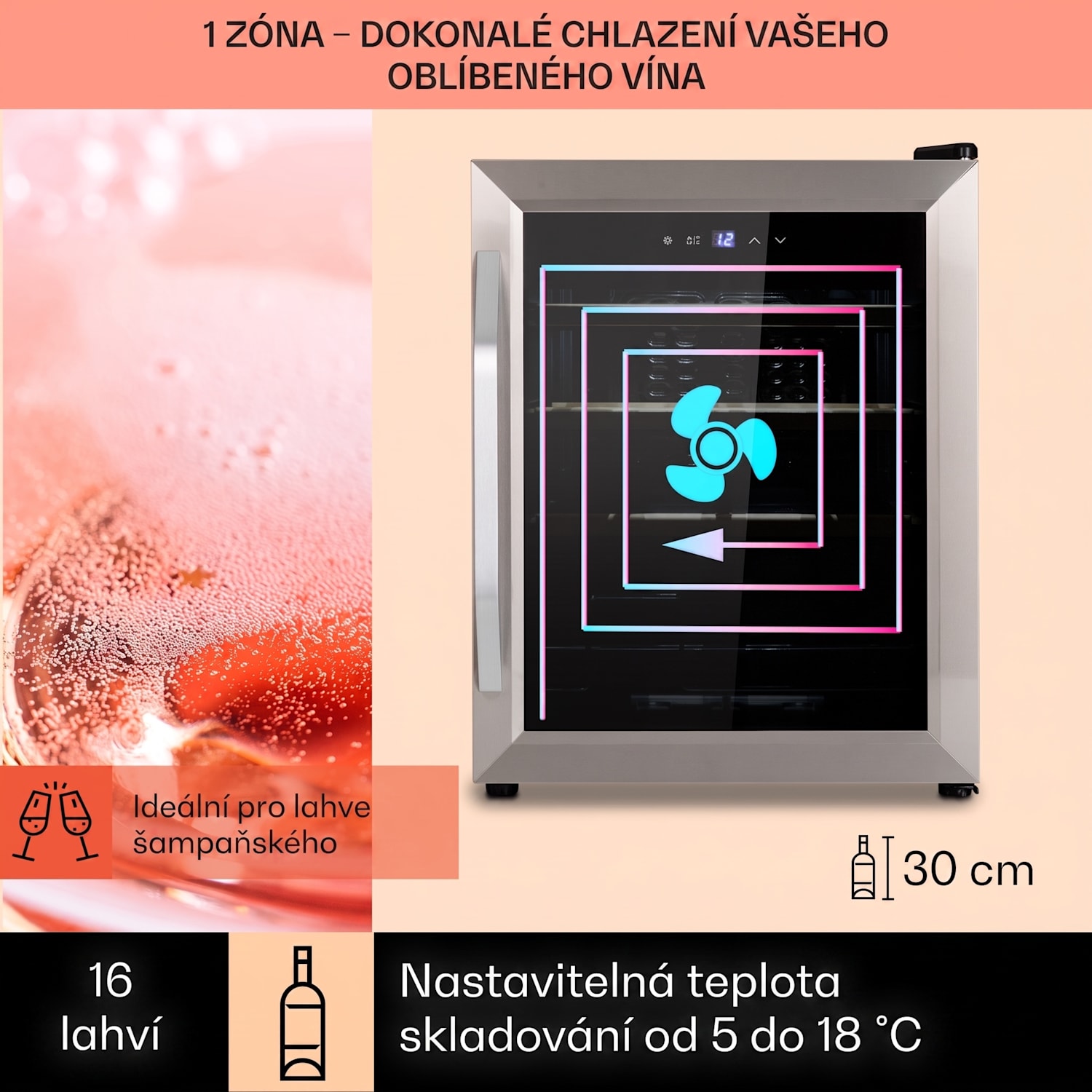 Vinamour 16 Uno, vinotéka, 42 l/16 lahví, 5-18 °C, 41 dB, sklo 16 lahví | 1 chladící zóna | Nerezová ocel
