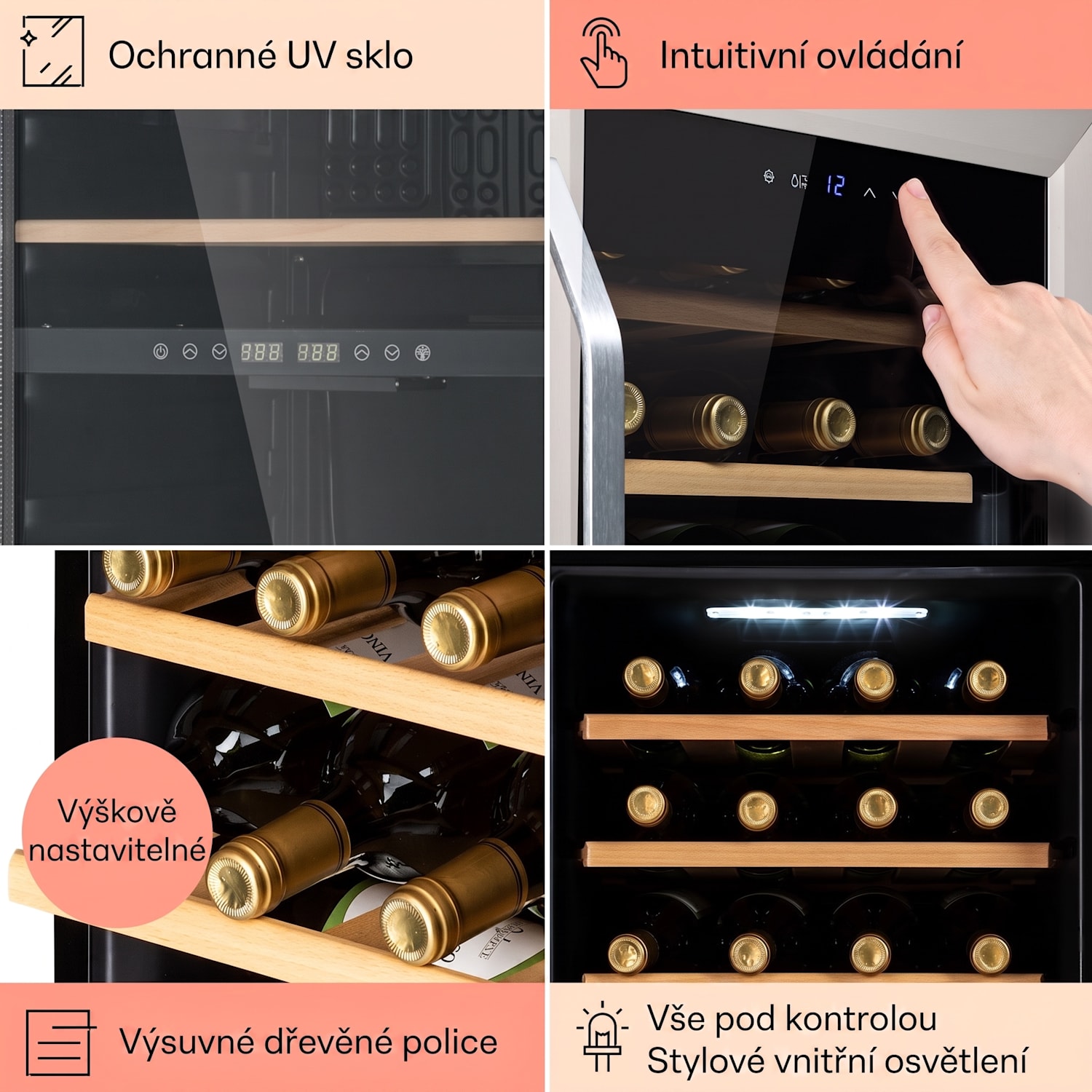 Vinamour 16 Uno, vinotéka, 42 l/16 lahví, 5-18 °C, 41 dB, sklo 16 lahví | 1 chladící zóna | Nerezová ocel