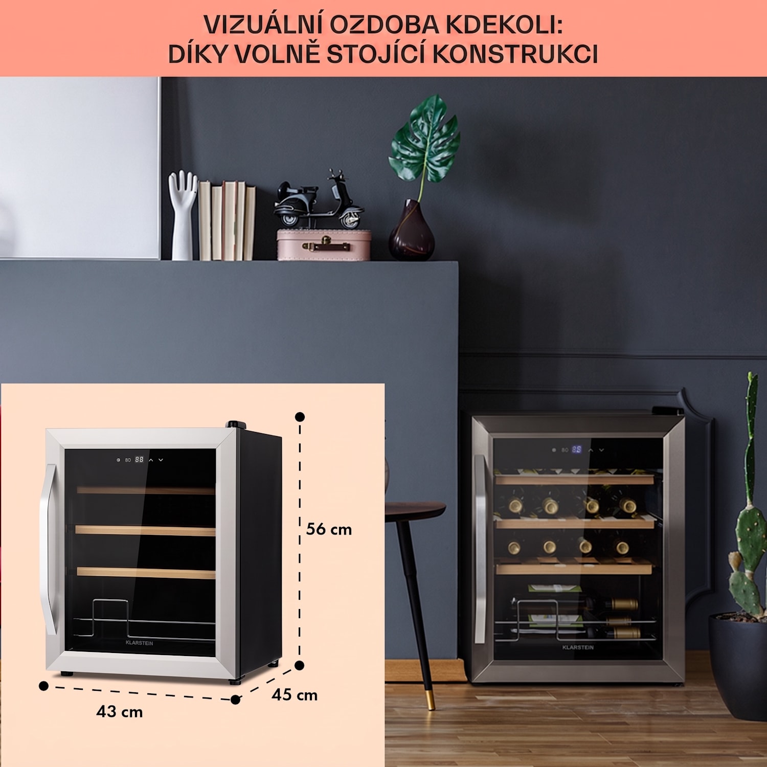 Vinamour 16 Uno, vinotéka, 42 l/16 lahví, 5-18 °C, 41 dB, sklo 16 lahví | 1 chladící zóna | Nerezová ocel